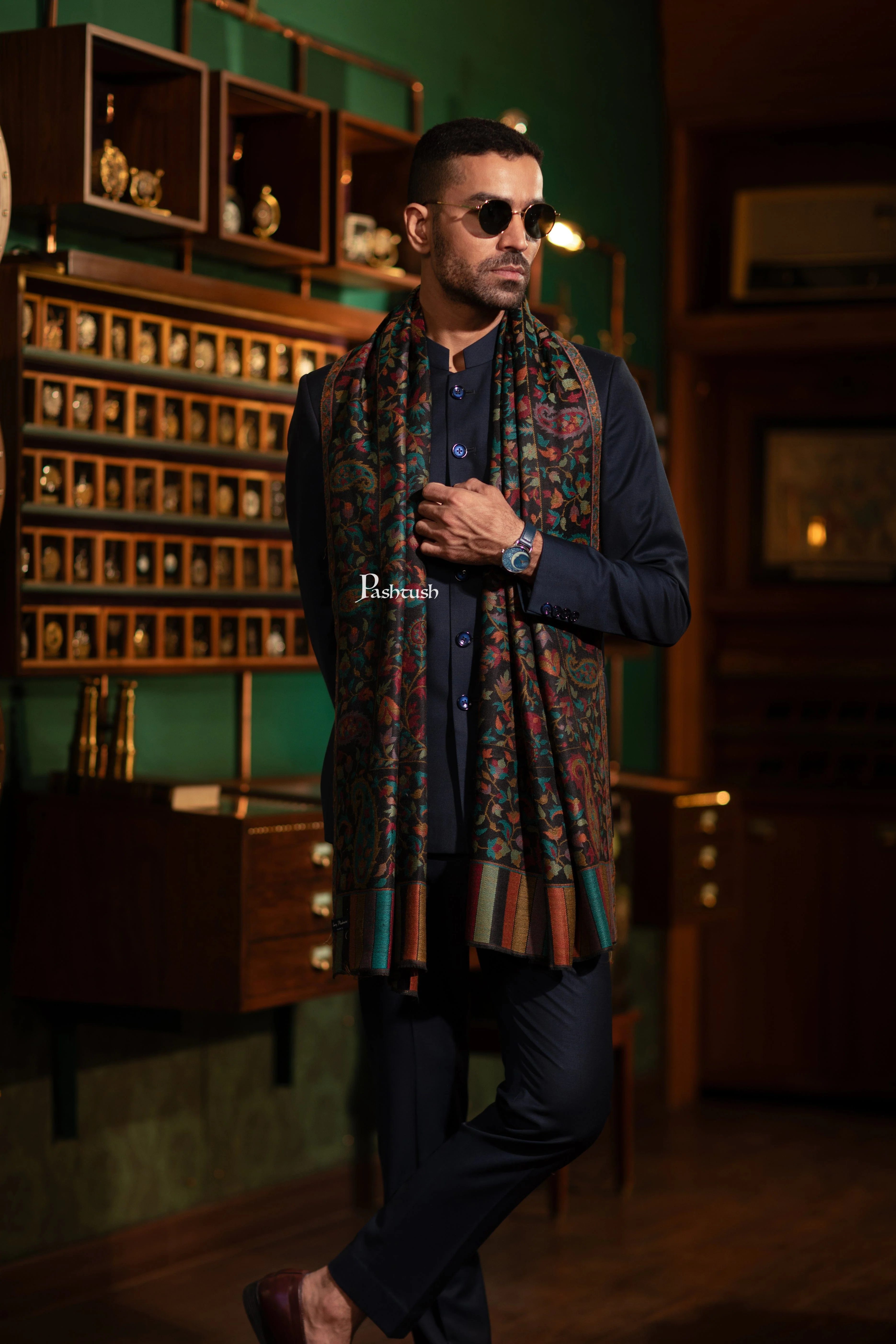 Pashtush Mens Fine Wool Stole, Ethnic Weave , Soft and Warm, Deep Blue - Image 4