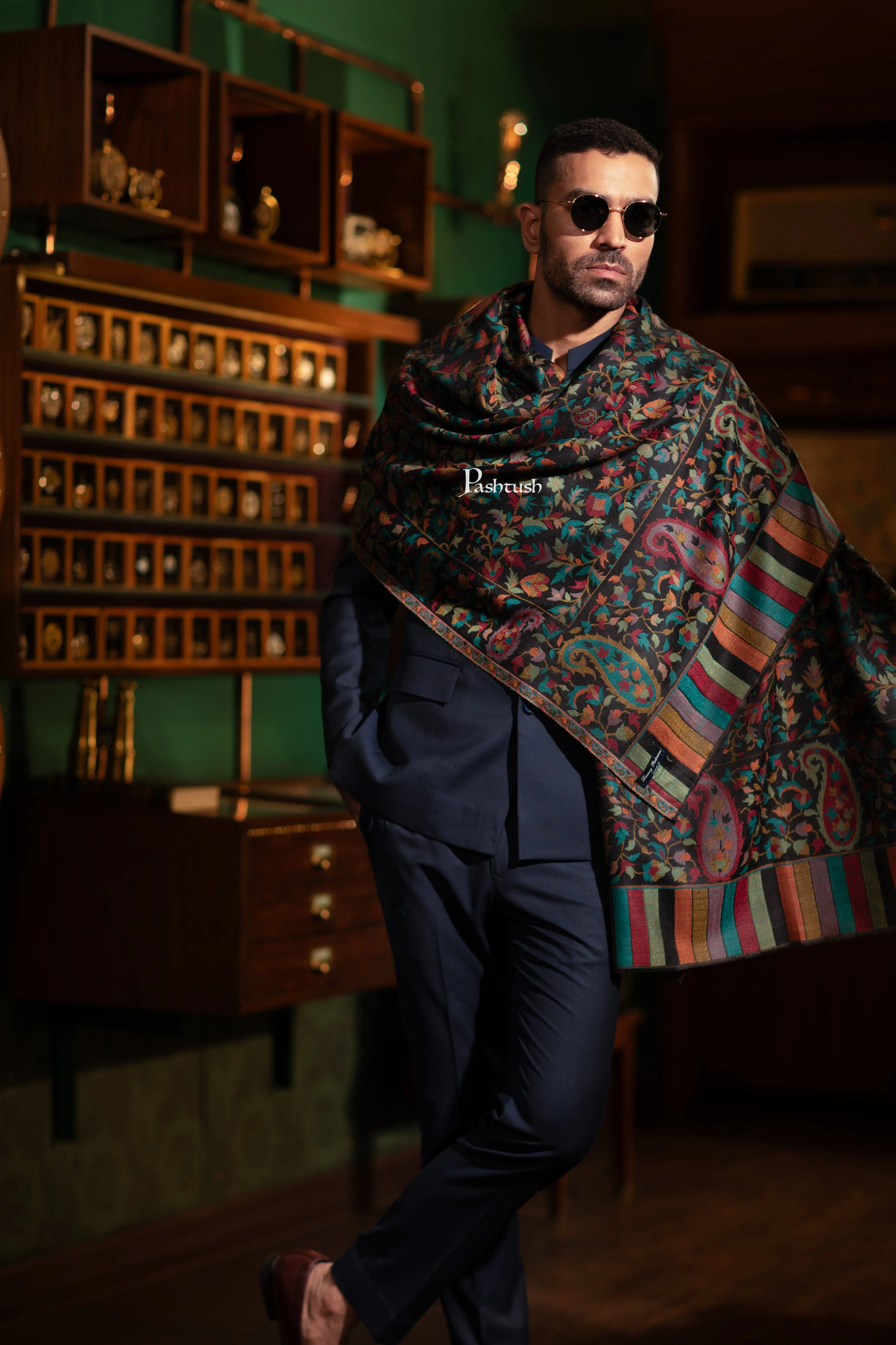 Pashtush Mens Fine Wool Stole, Ethnic Weave , Soft and Warm, Deep Blue - Image 6