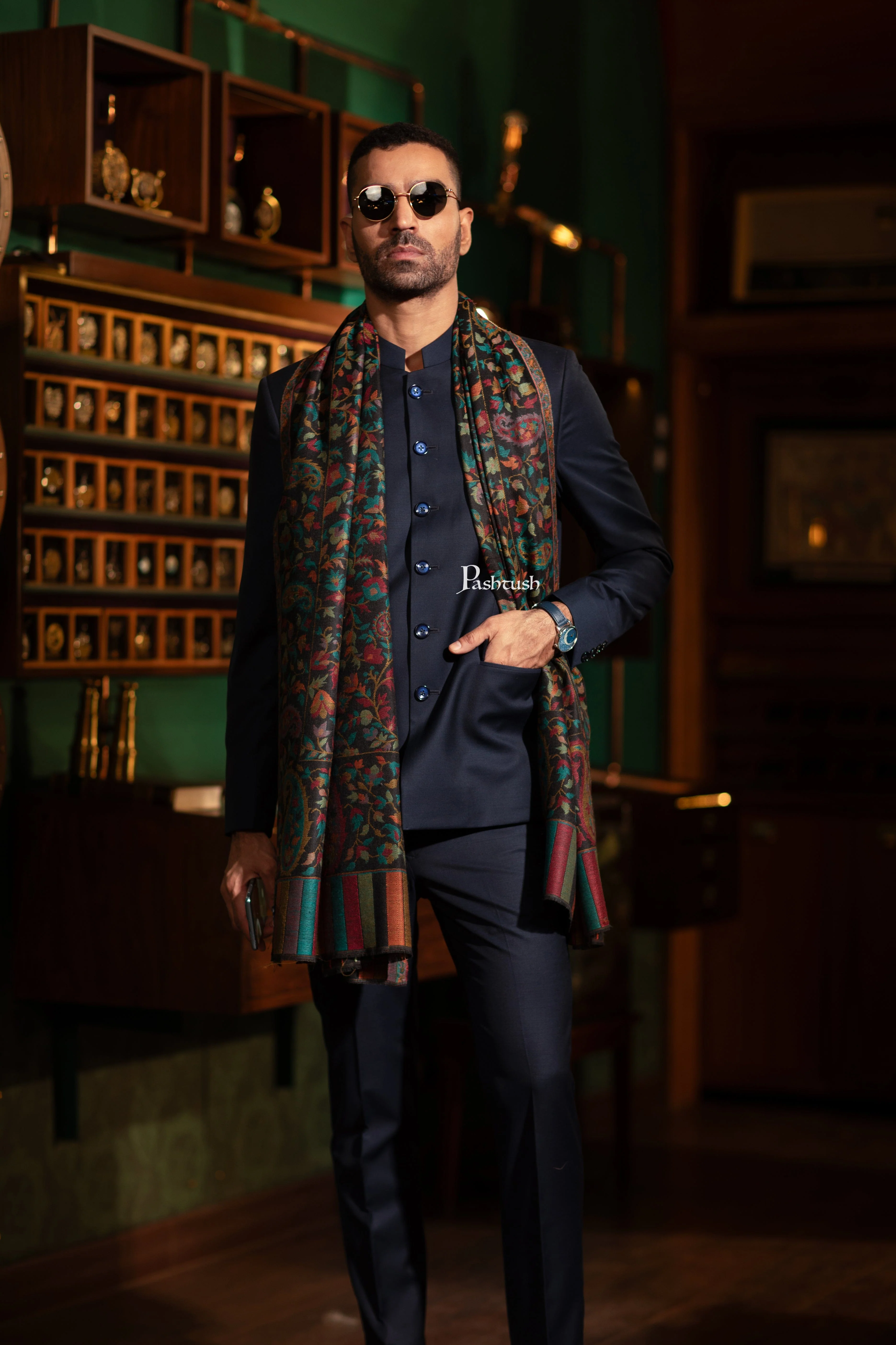 Pashtush Mens Fine Wool Stole, Ethnic Weave , Soft and Warm, Deep Blue - Image 7