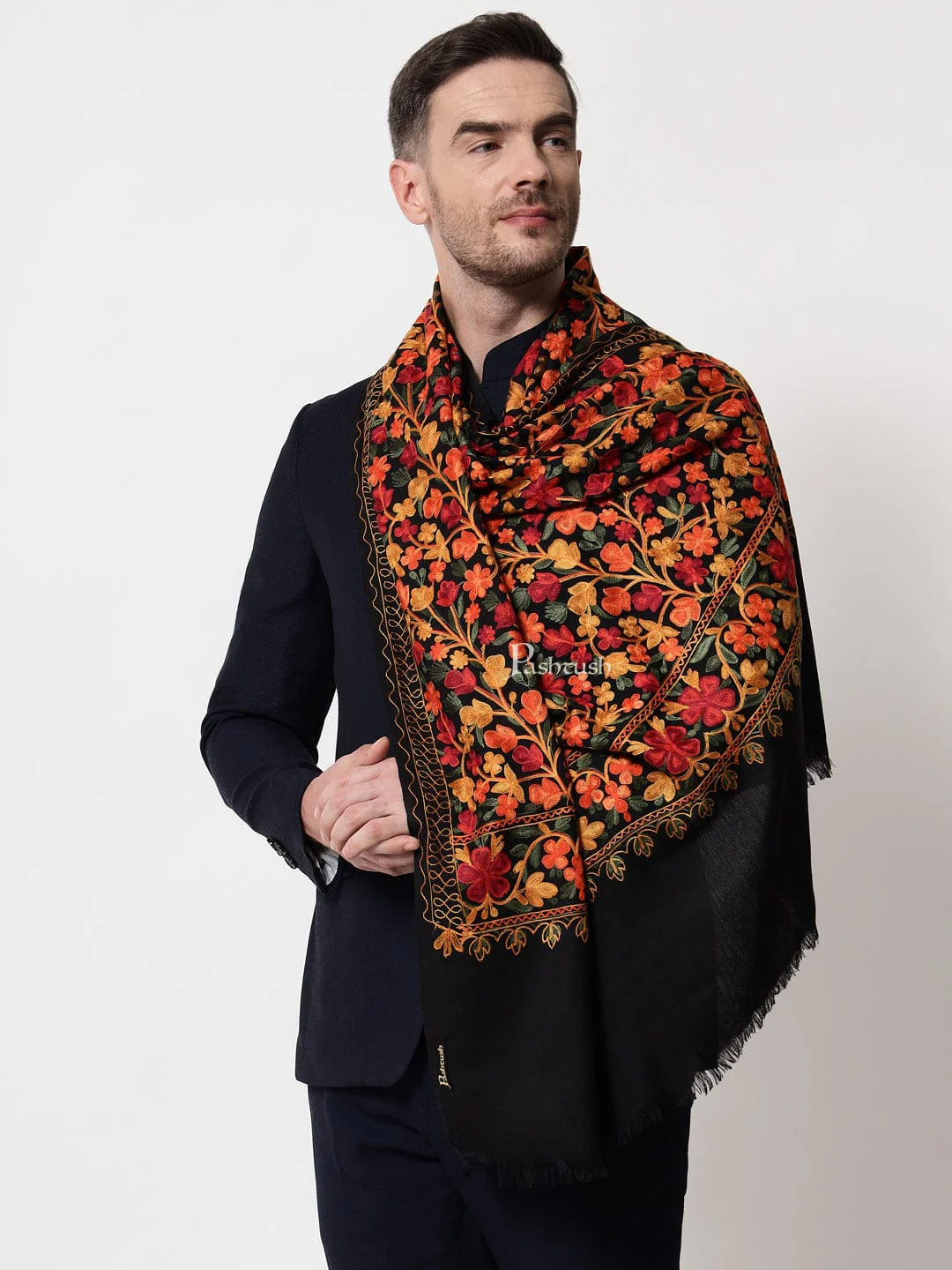 Pashtush mens Fine Wool stole, aari embroidery design, Multicolour - Image 3