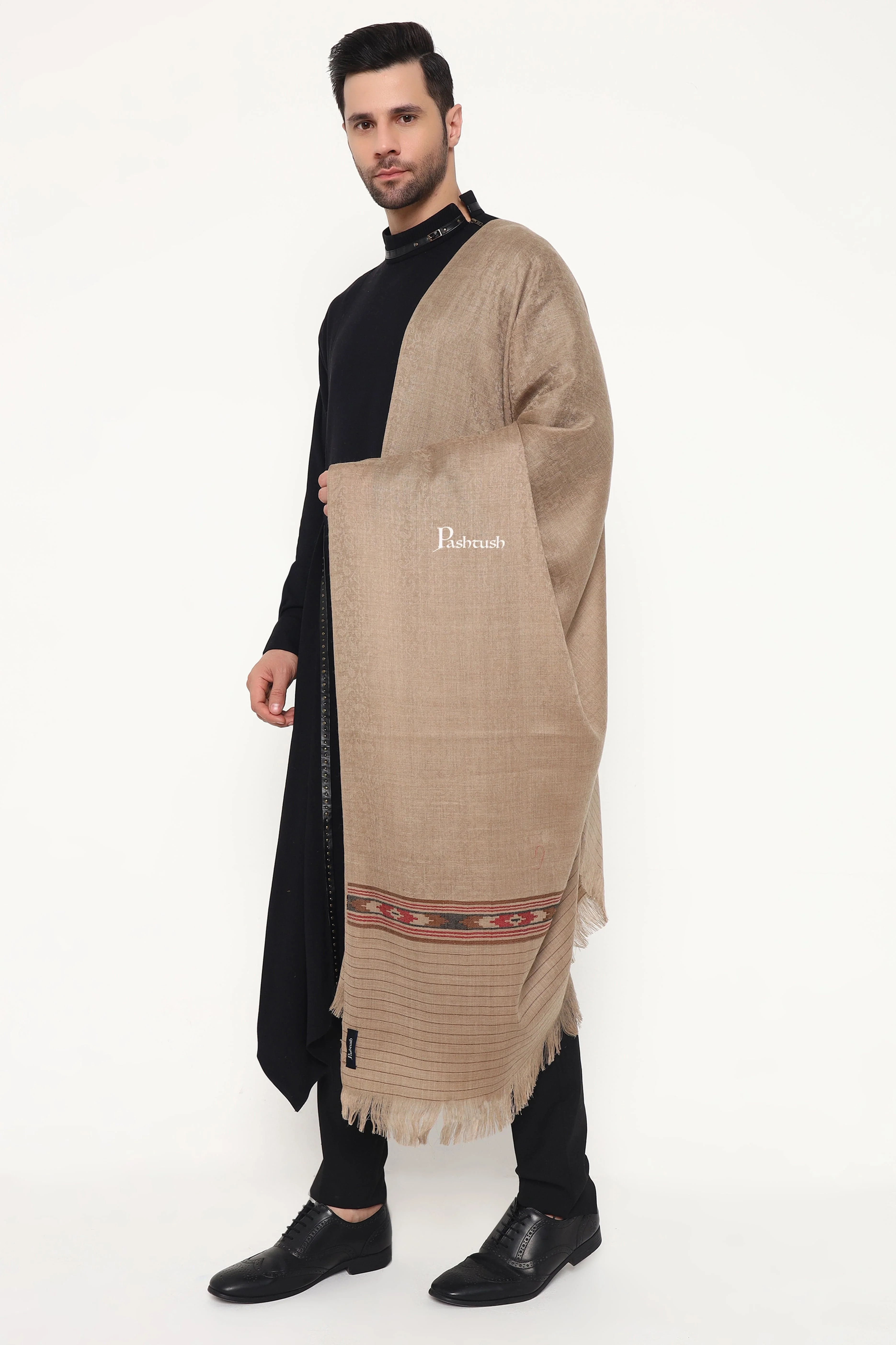 Pashtush Mens Fine Wool Stole, Kullu Design, Taupe