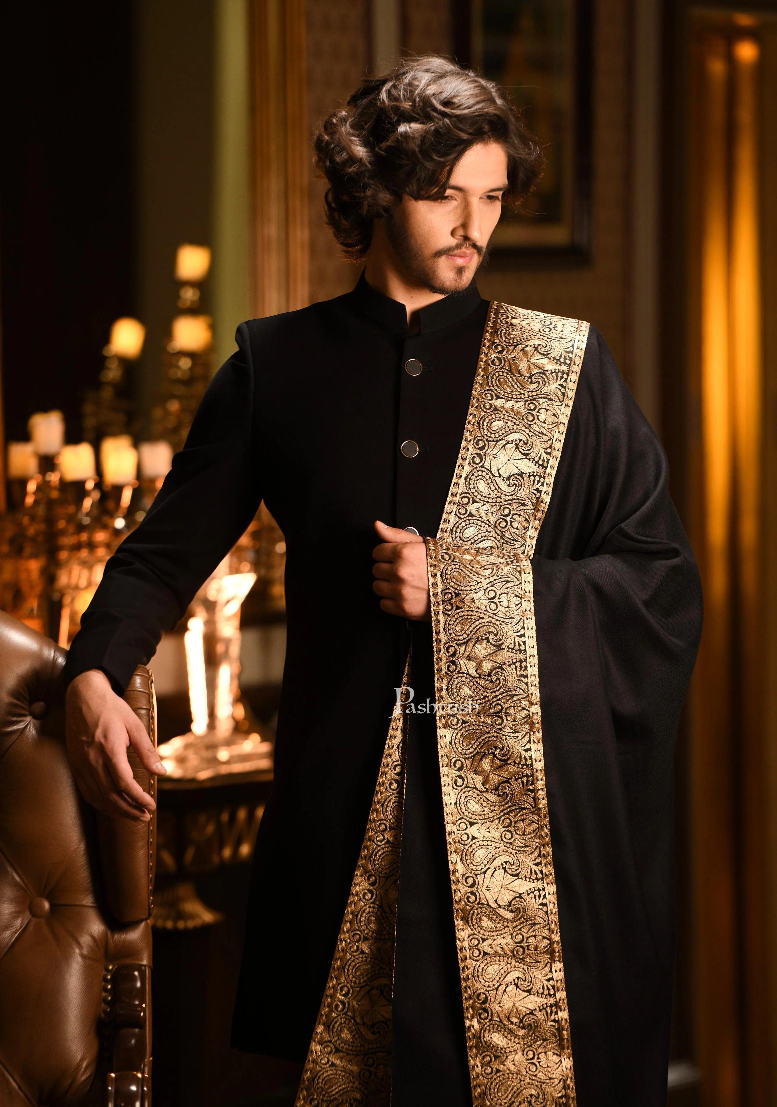 Pashtush mens Fine Wool stole, Metallic Tilla golden border weave design, Black - Image 3