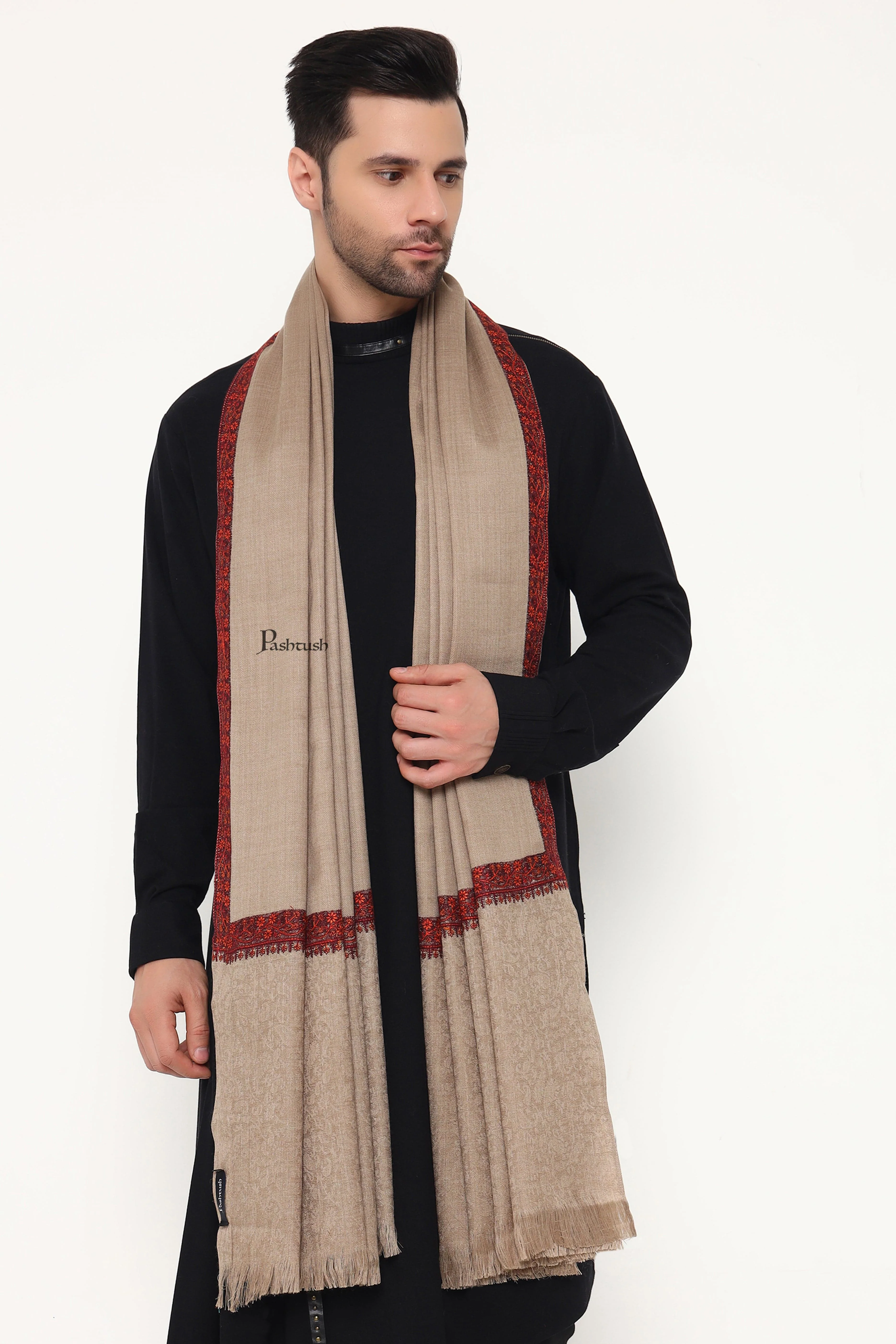 Pashtush Mens Fine Wool Stole, Self Palla Neem Daur Design, Taupe