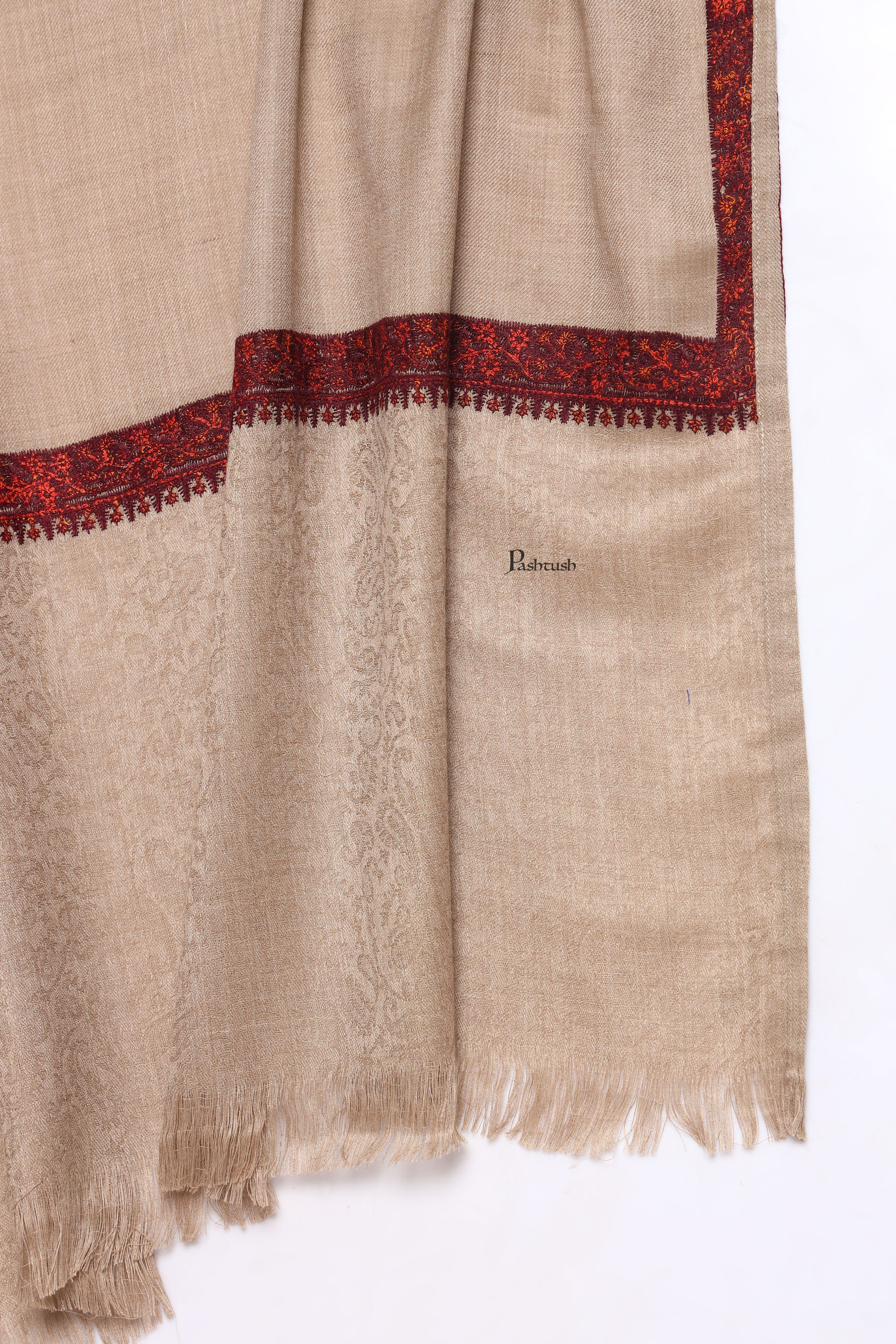 Pashtush Mens Fine Wool Stole, Self Palla Neem Daur Design, Taupe - Image 2