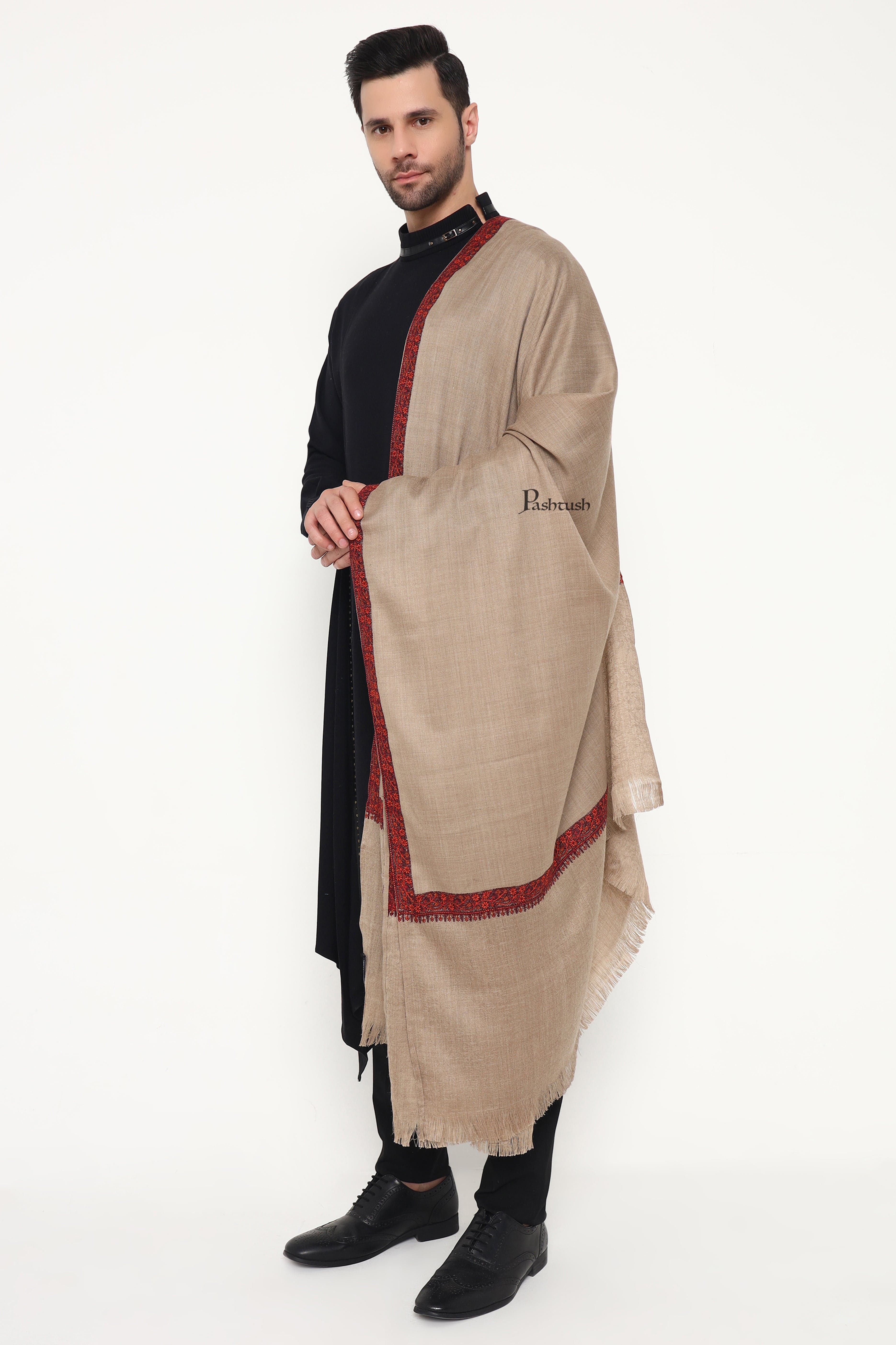 Pashtush Mens Fine Wool Stole, Self Palla Neem Daur Design, Taupe - Image 3