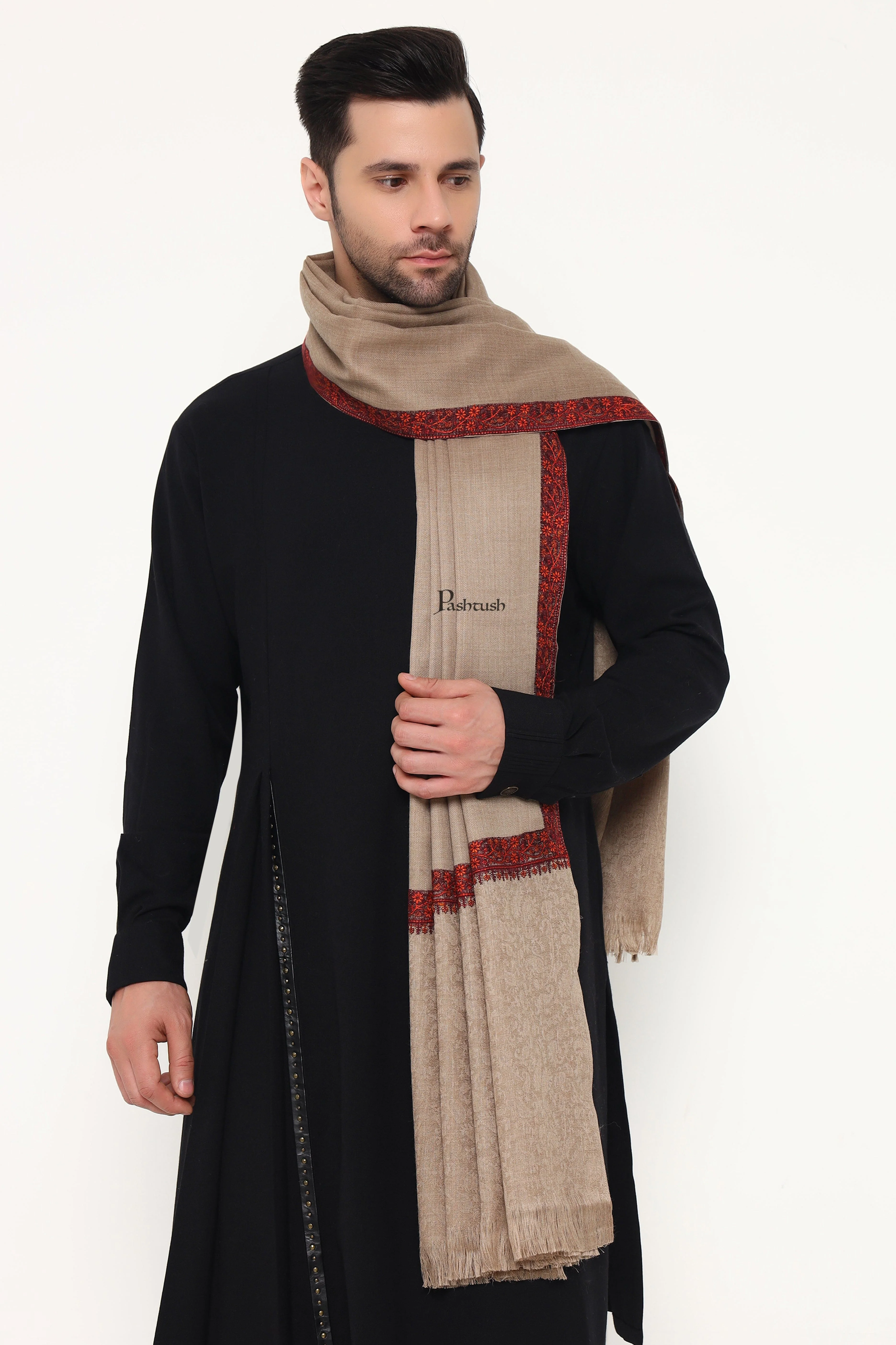 Pashtush Mens Fine Wool Stole, Self Palla Neem Daur Design, Taupe - Image 4
