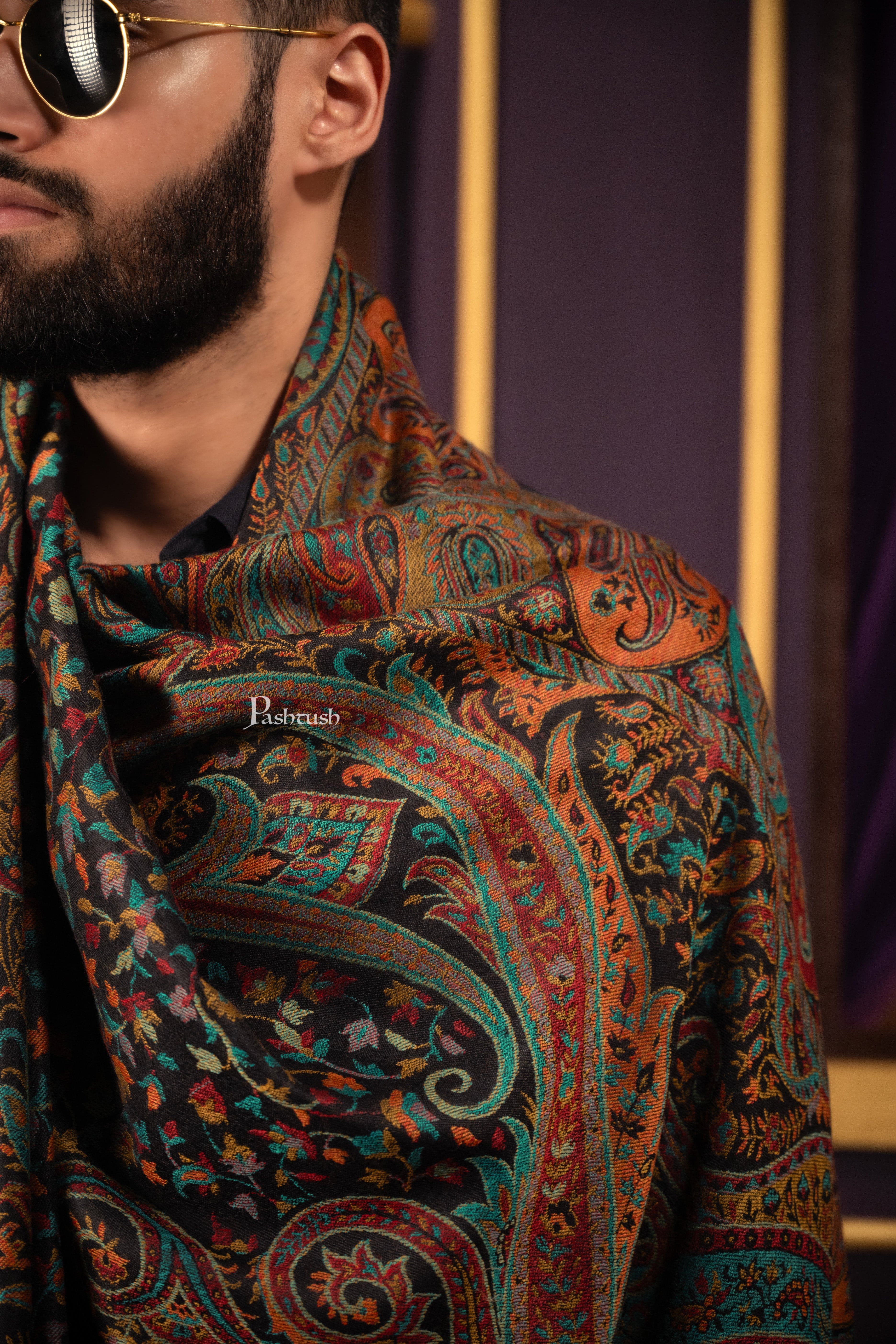 Pashtush Mens Fine Wool Stole, Woven Design, Rich Paisleys, Black - Image 2