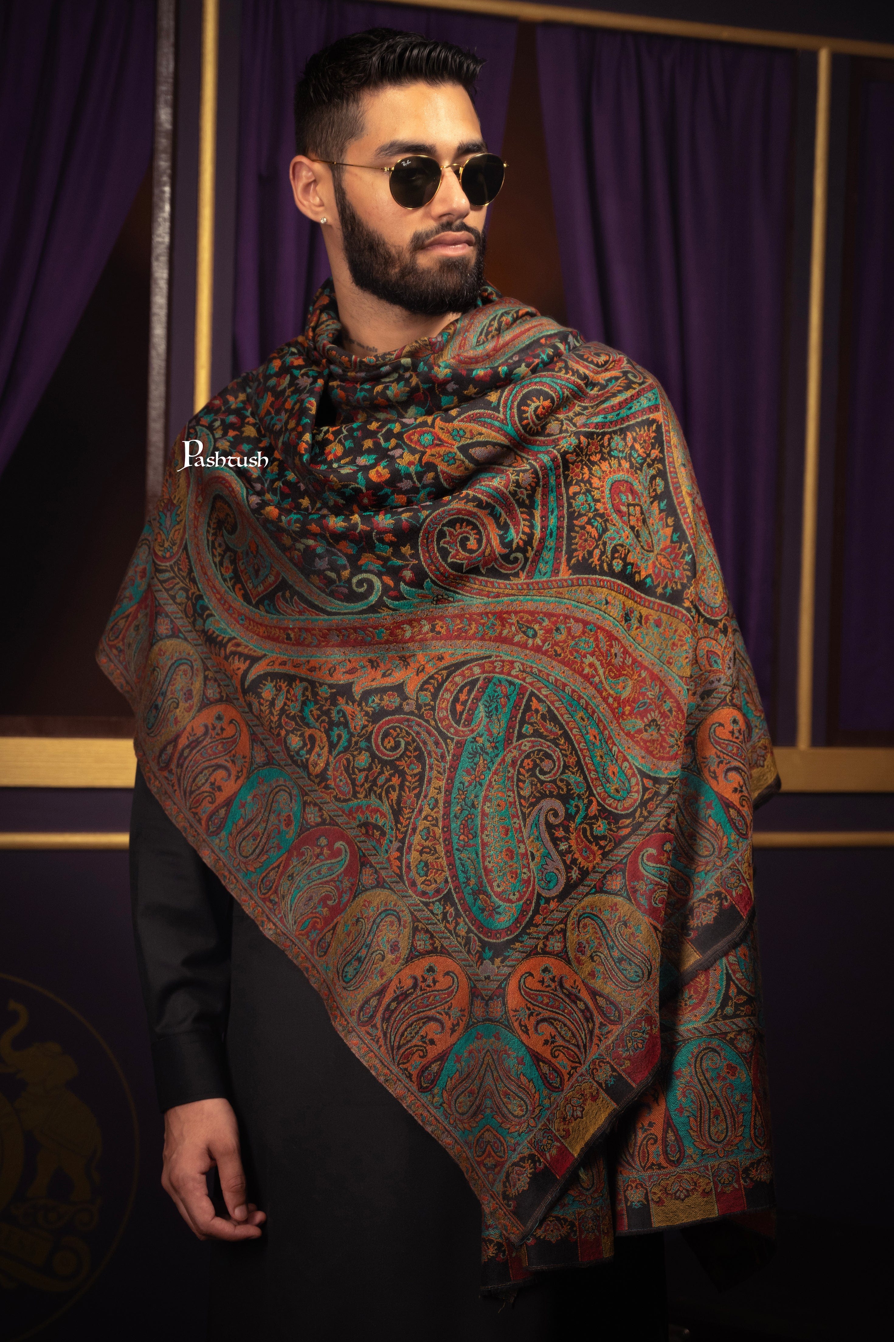 Pashtush Mens Fine Wool Stole, Woven Design, Rich Paisleys, Black - Image 6