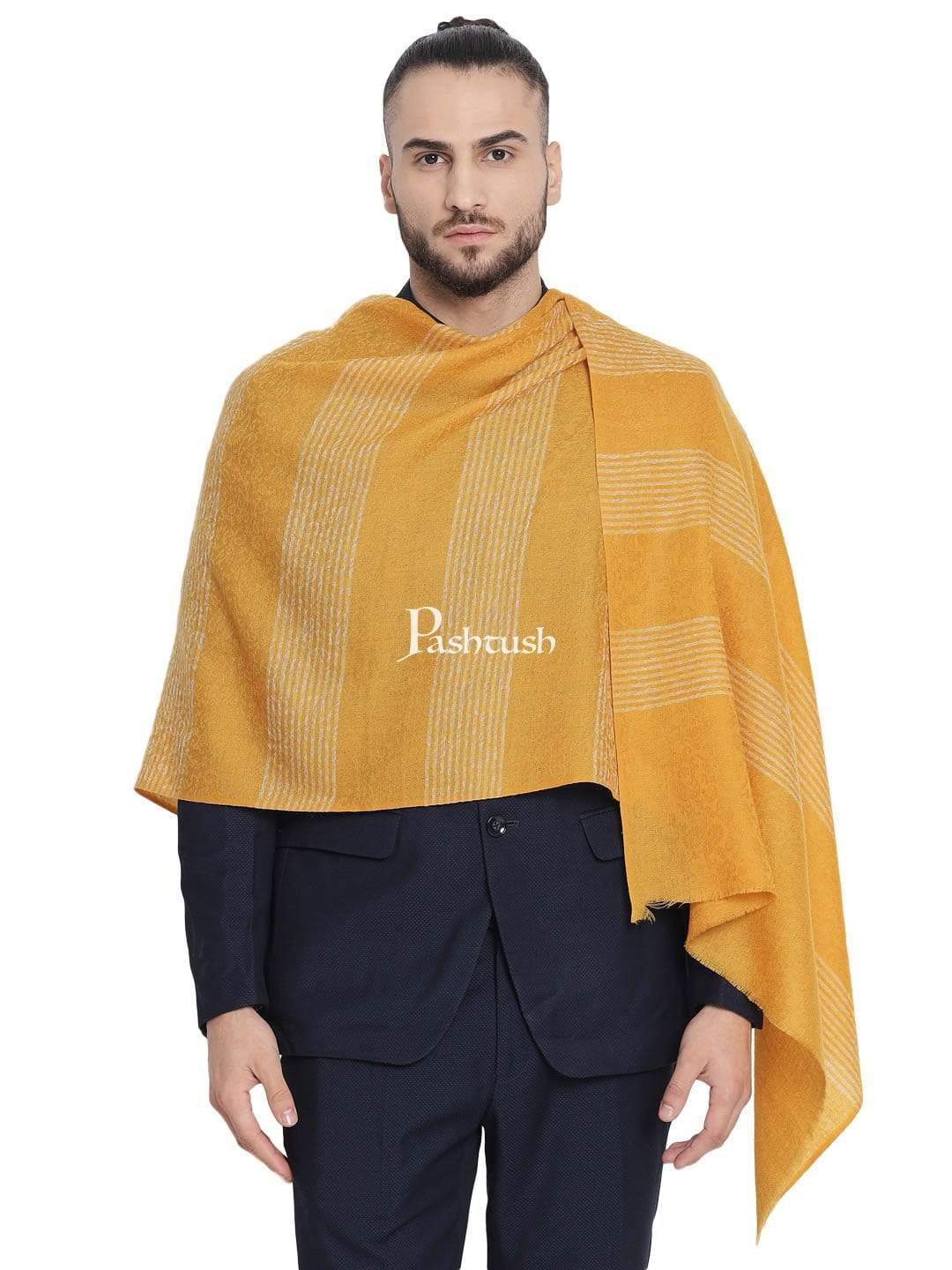 Pashtush Mens Fine Wool Striped Muffler, Soft And Warm Stole Scarf, Yellow - Image 3