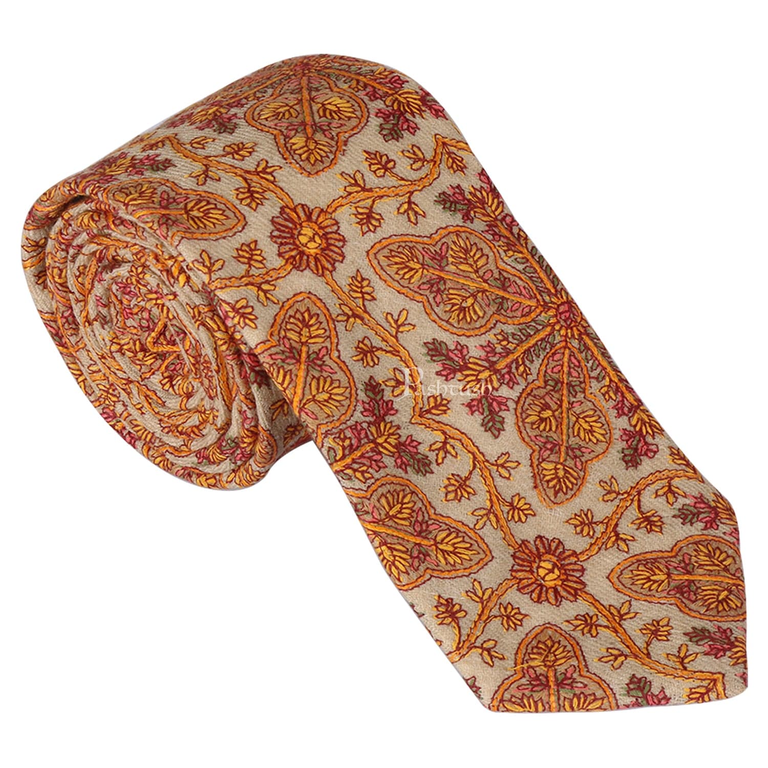 Pashtush mens Fine Wool tie, Embroidered design, Beige