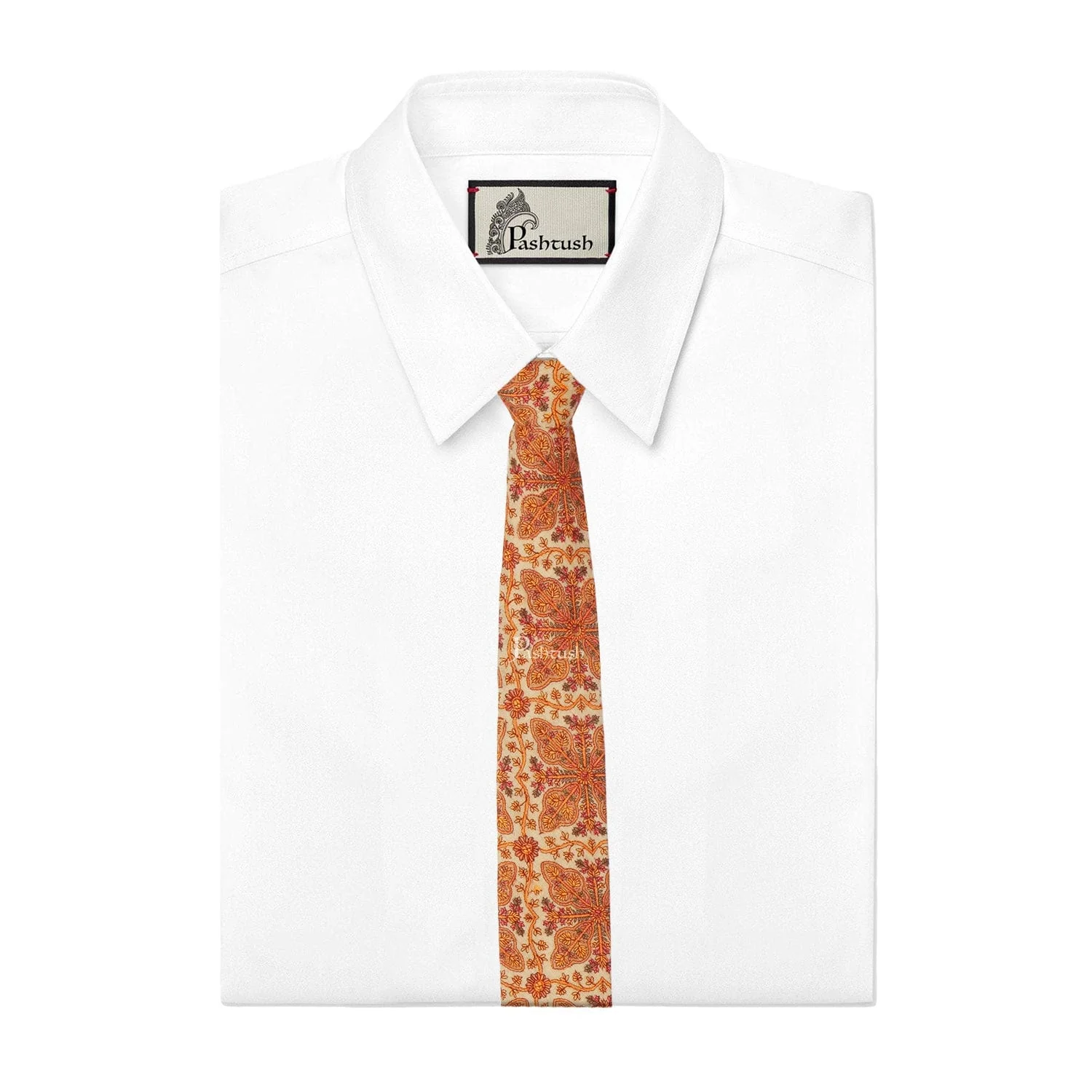 Pashtush mens Fine Wool tie, Embroidered design, Beige - Image 5