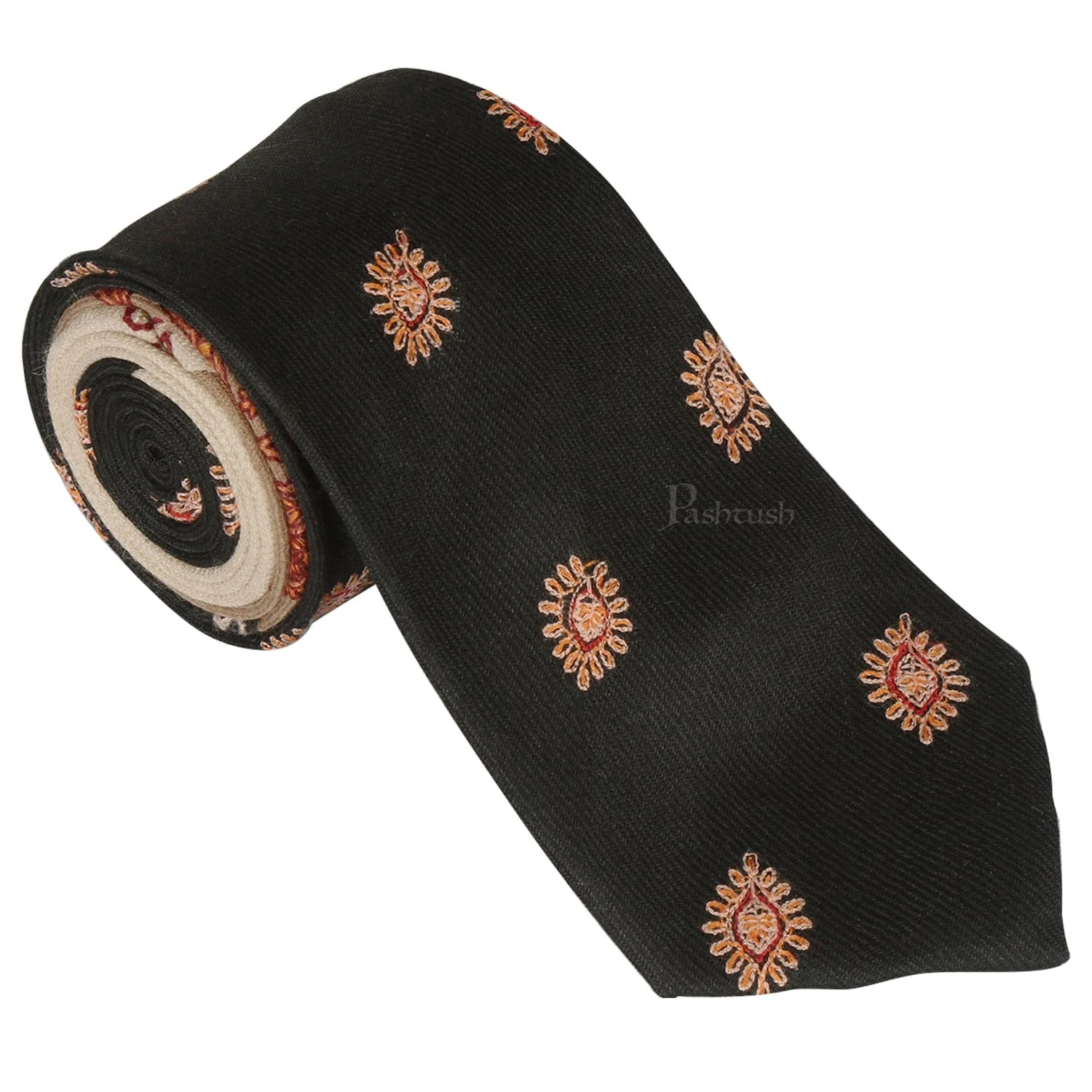 Pashtush mens Fine Wool tie, Embroidered design, Black