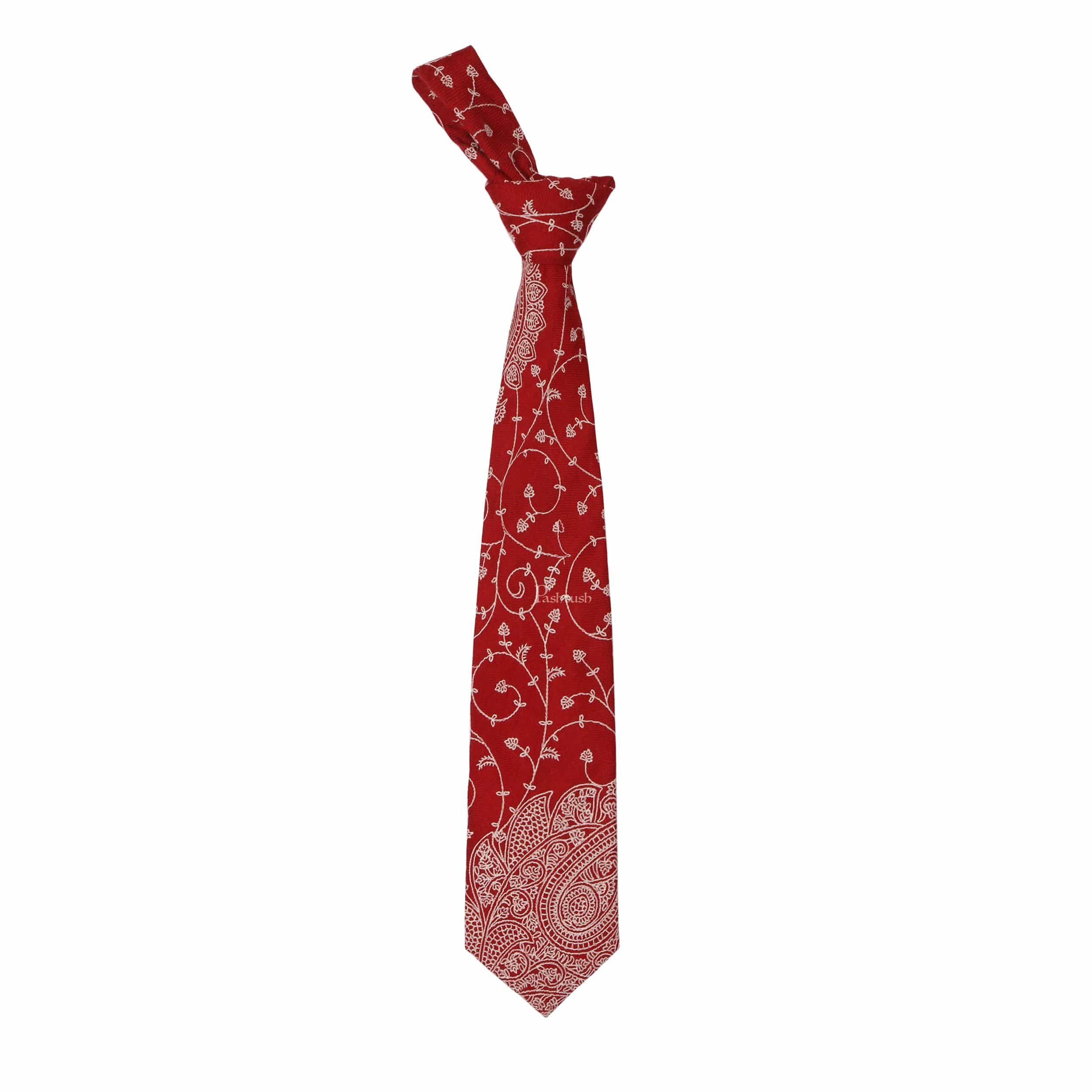 Pashtush mens Fine Wool tie, Embroidered design, Red