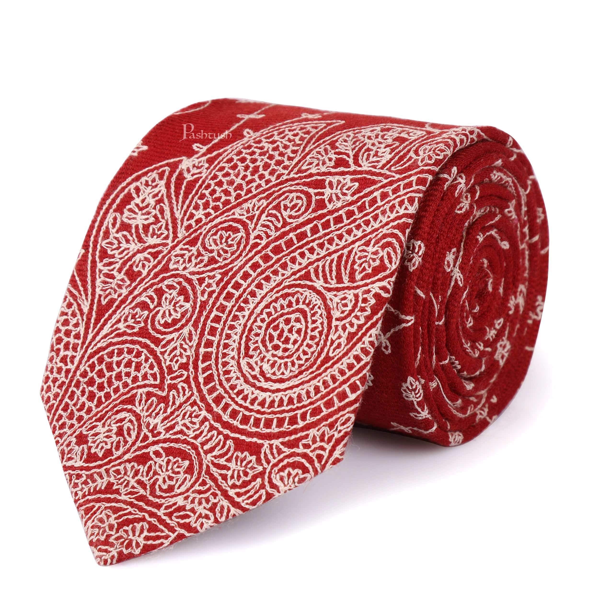 Pashtush mens Fine Wool tie, Embroidered design, Red - Image 2