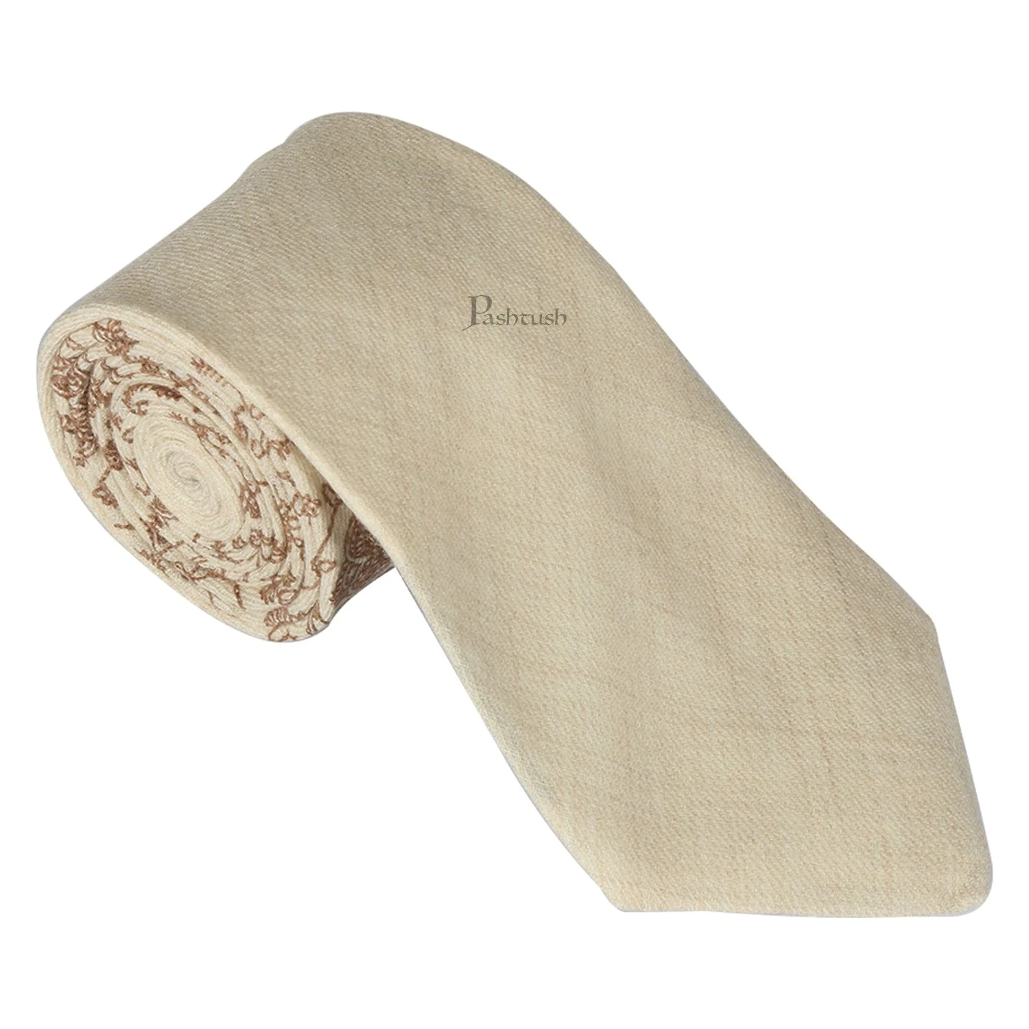 Pashtush mens Fine Wool tie, Embroidered Paisley design, Beige