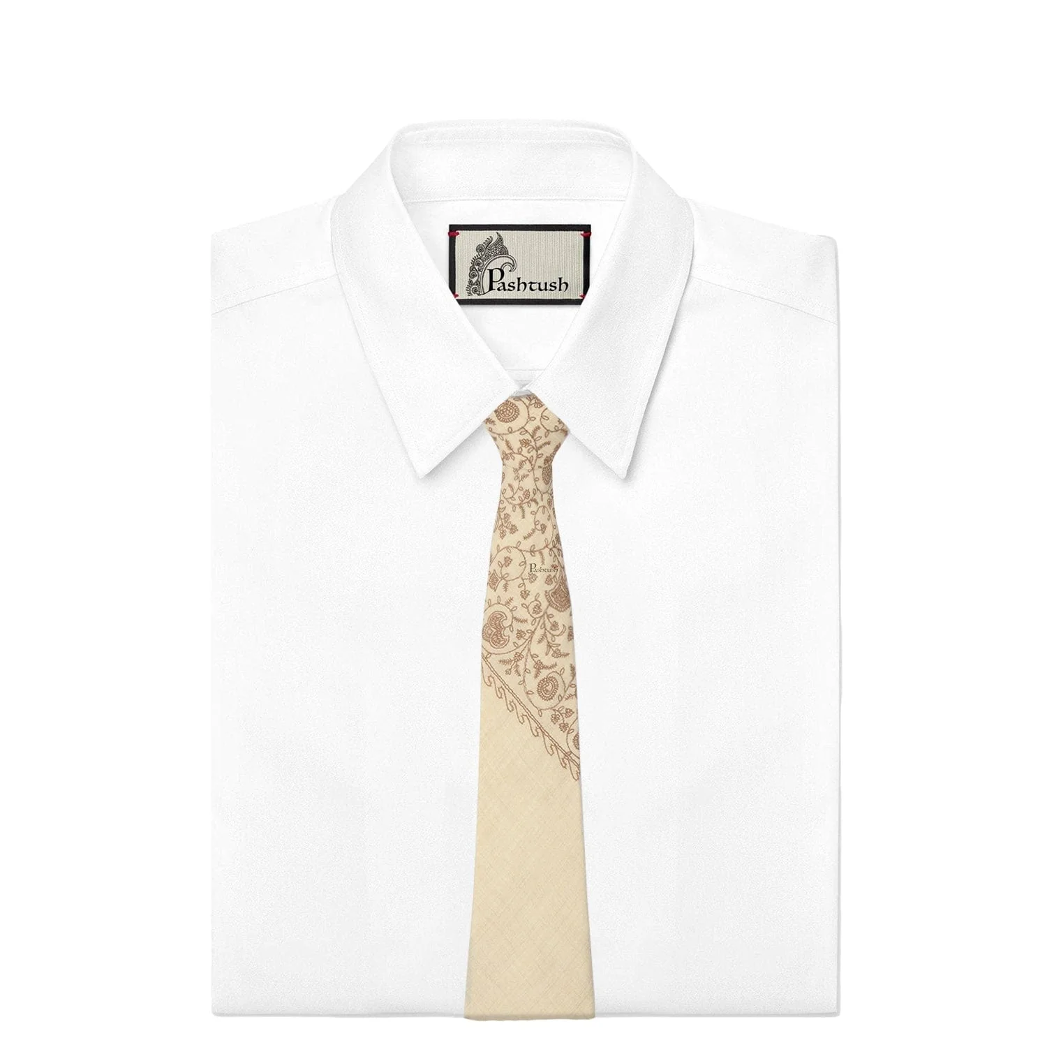 Pashtush mens Fine Wool tie, Embroidered Paisley design, Beige - Image 5
