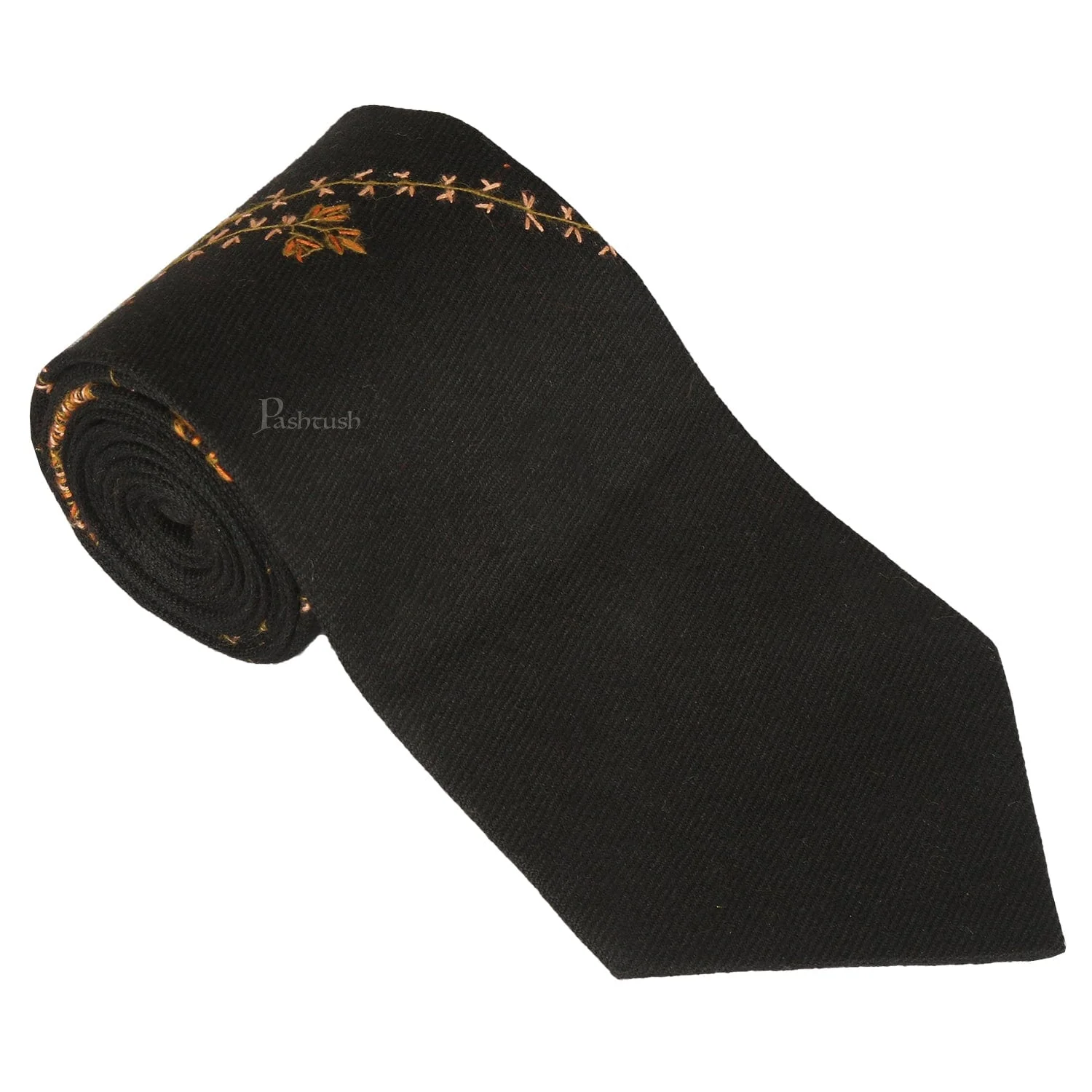 Pashtush mens Fine Wool tie, Hand Embroidery design, Black - Image 2