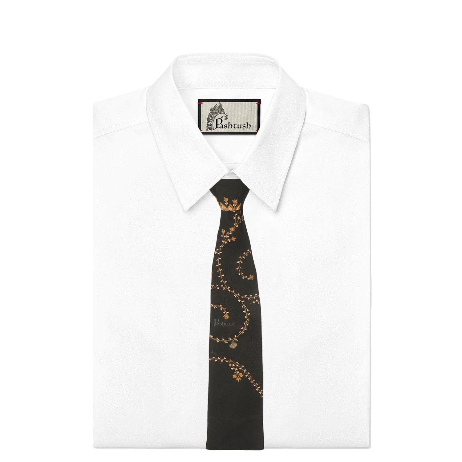 Pashtush mens Fine Wool tie, Hand Embroidery design, Black - Image 3