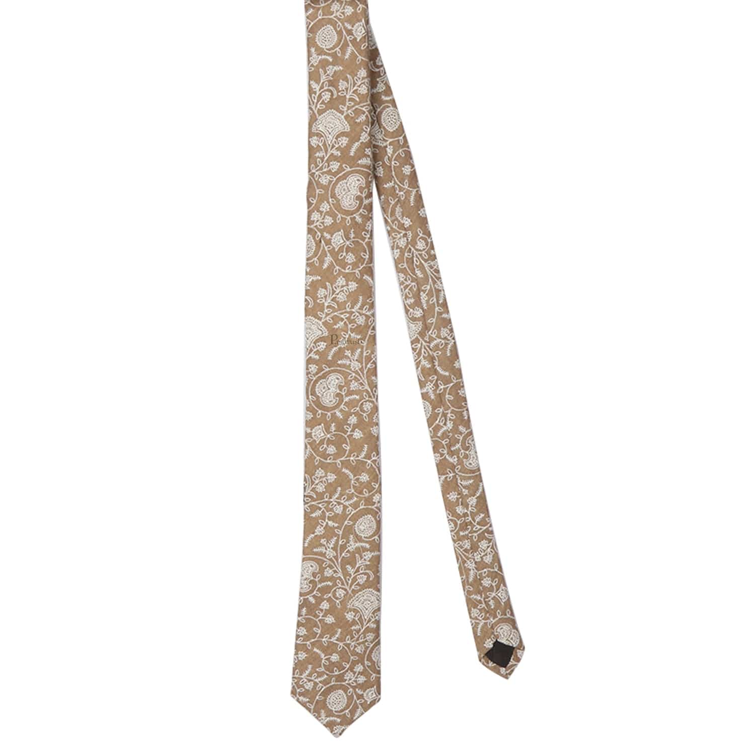 Pashtush mens Fine Wool tie, Tone on Tone Embroidered design, Taupe - Image 3