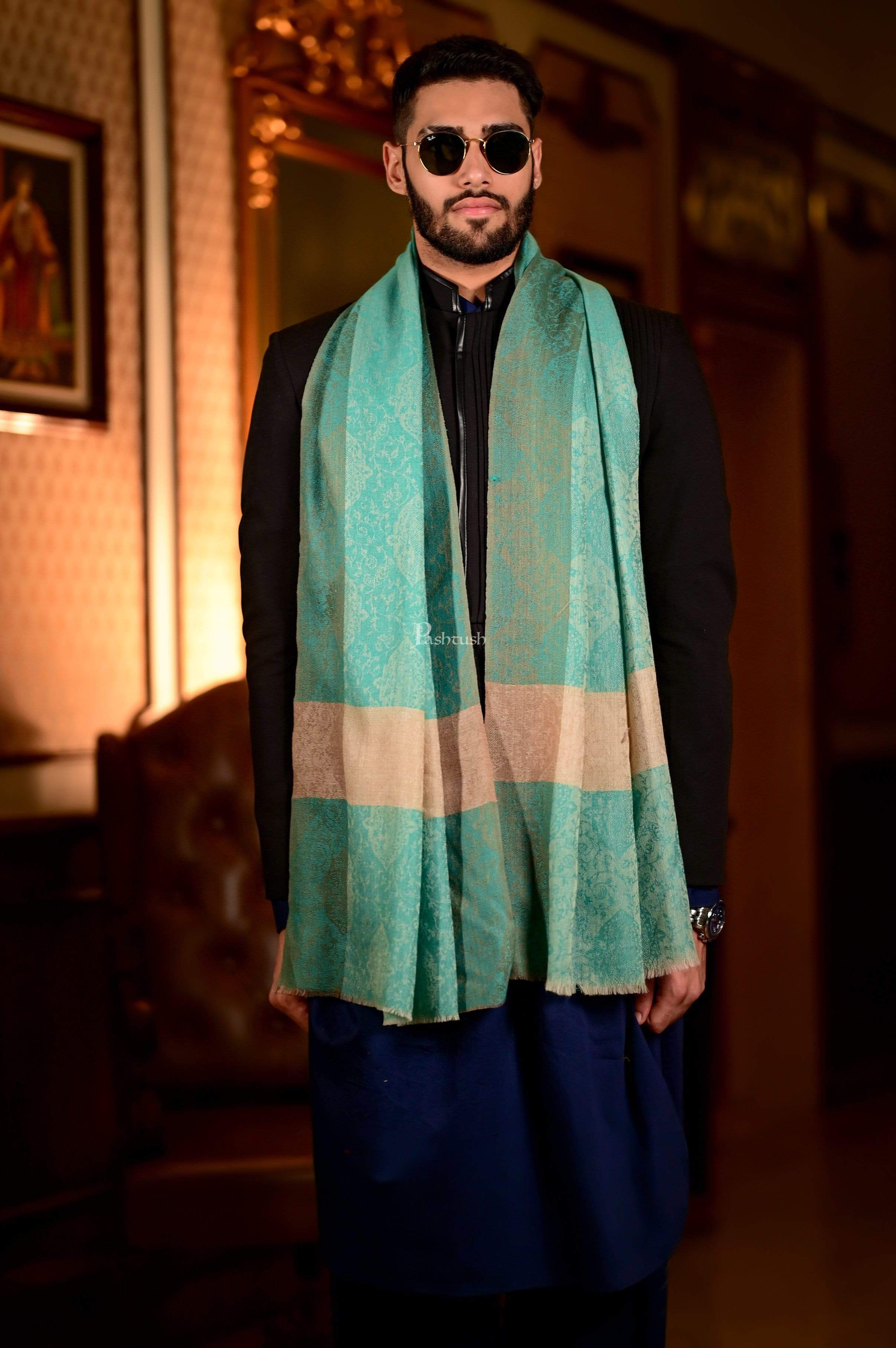 Pashtush Mens Green Grey Woven Design Designer Stole - Image 3