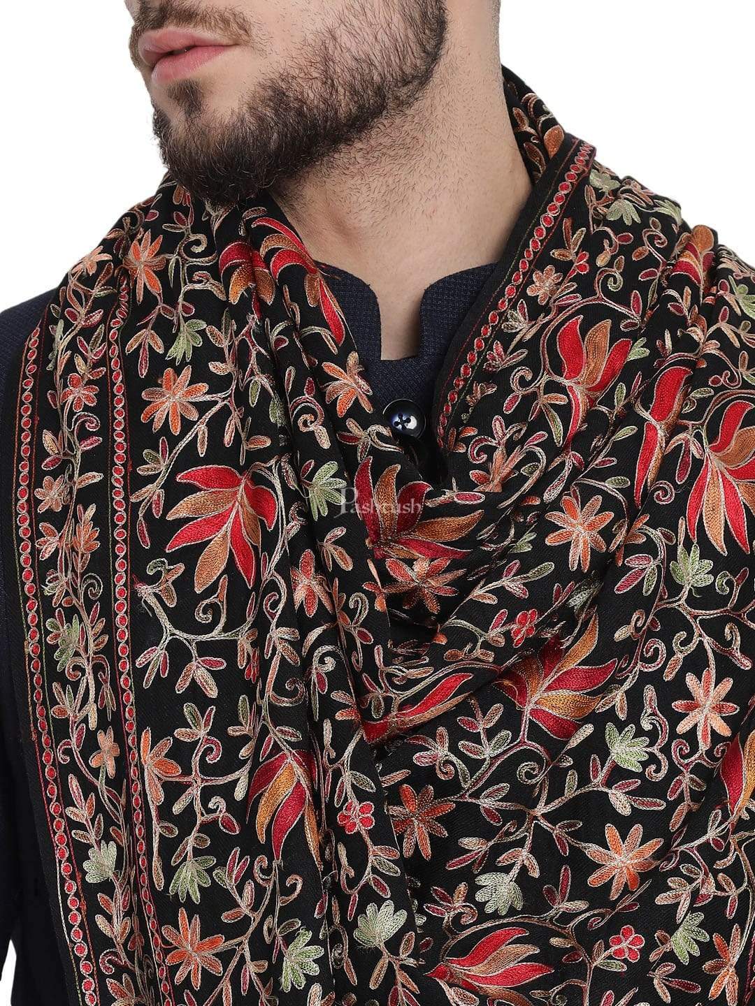Pashtush Mens Hand Embroidered Heavy Nalki Jaal Stole ,Black - Image 6