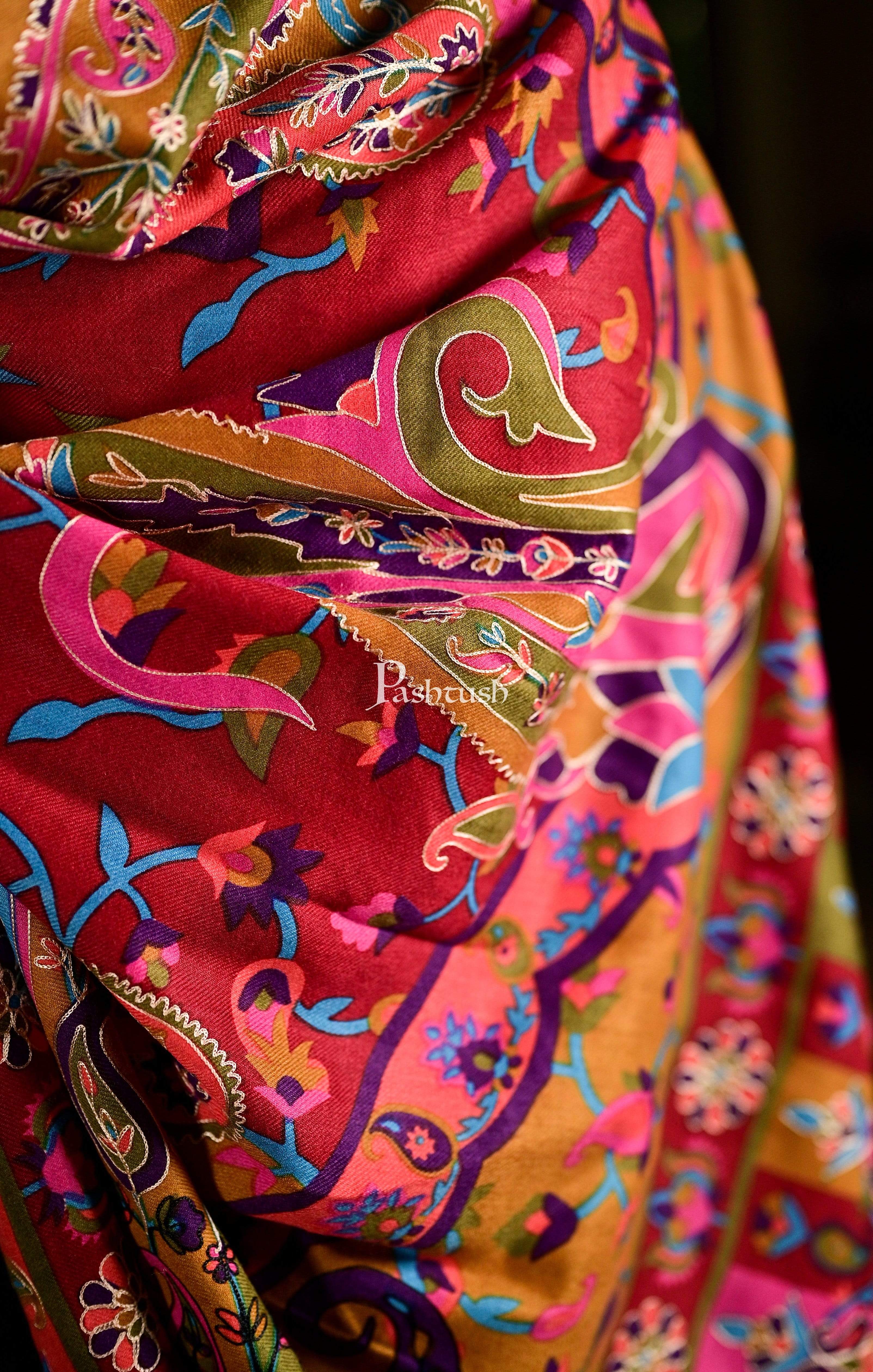 Pashtush Mens Hand Embroidered Kalamkari Shawl, Fine Wool - Image 2