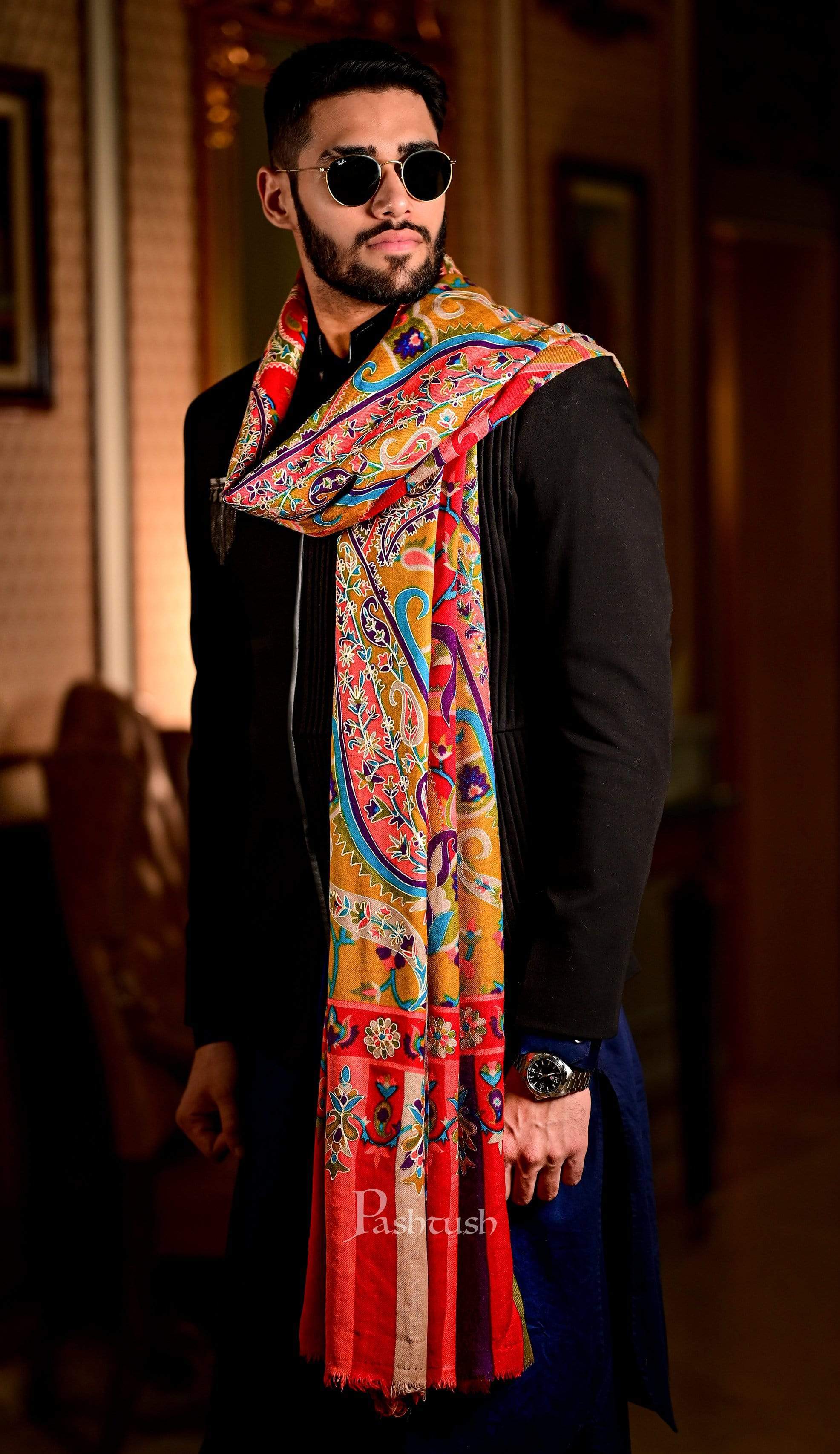 Pashtush Mens Hand Embroidered Kalamkari Shawl, Soft And Warm, Light Weight Fine Wool - Image 5