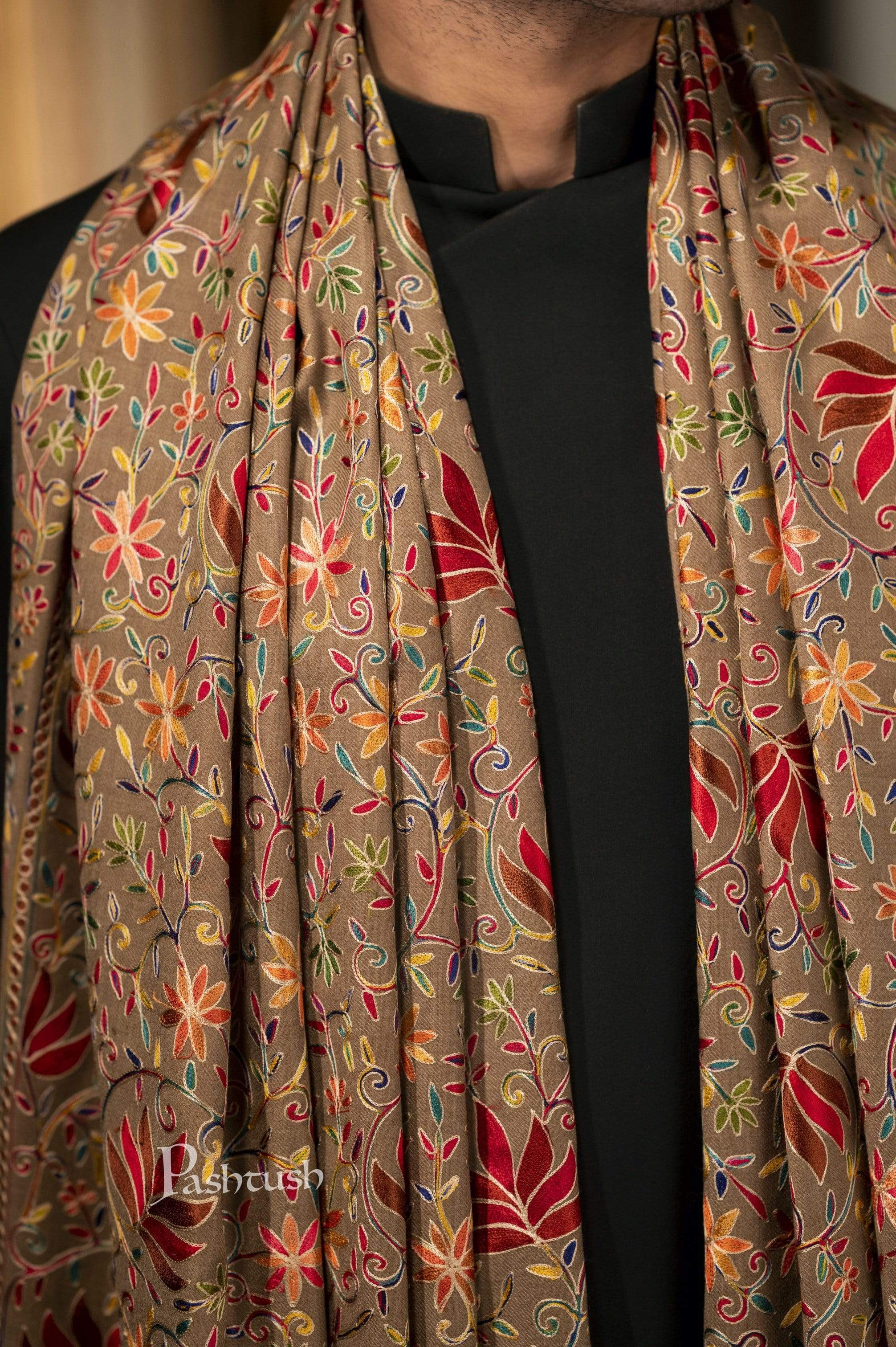 Pashtush Mens Hand Embroidered Nalki Stole, Fine Wool - Image 2