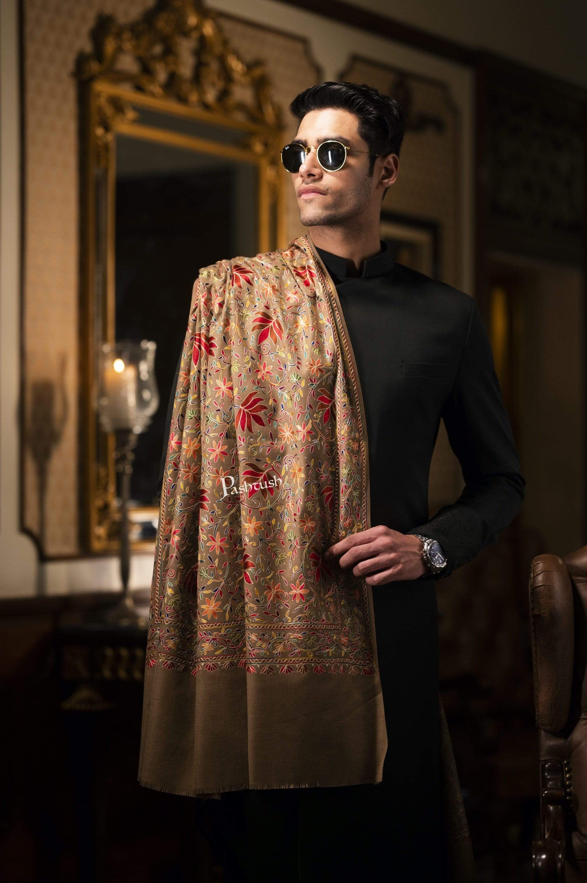 Pashtush Mens Hand Embroidered Nalki Stole, Fine Wool - Image 3