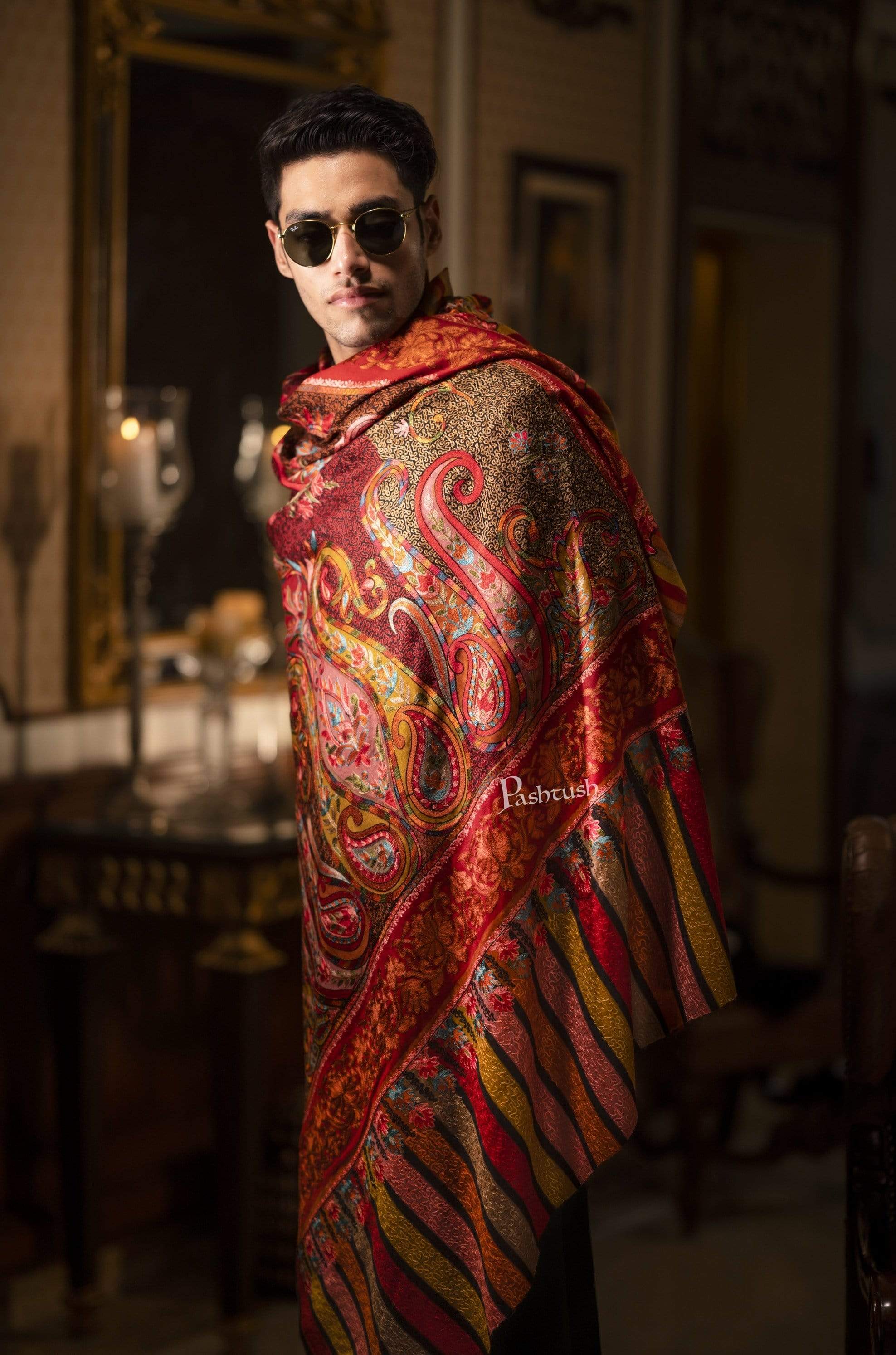 Pashtush Mens Handworked, Painted Kalamkari Embroidery Stole