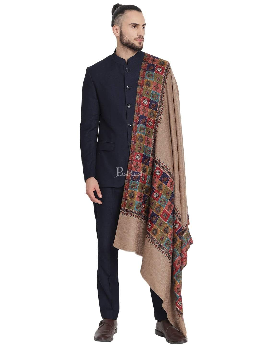 Pashtush Mens Handworked, Painted Kalamkari Embroidery Stole - Image 3