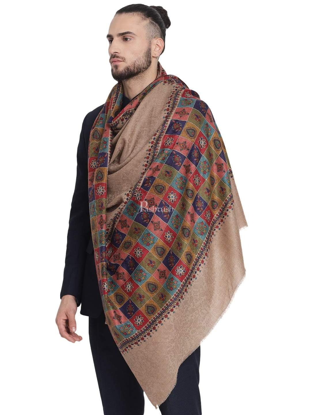 Pashtush Mens Handworked, Painted Kalamkari Embroidery Stole - Image 5