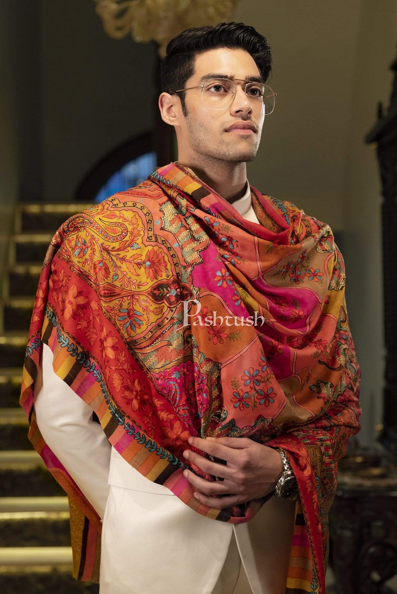 Pashtush Mens Handworked, Painted Kalamkari Embroidery Stole - Image 2