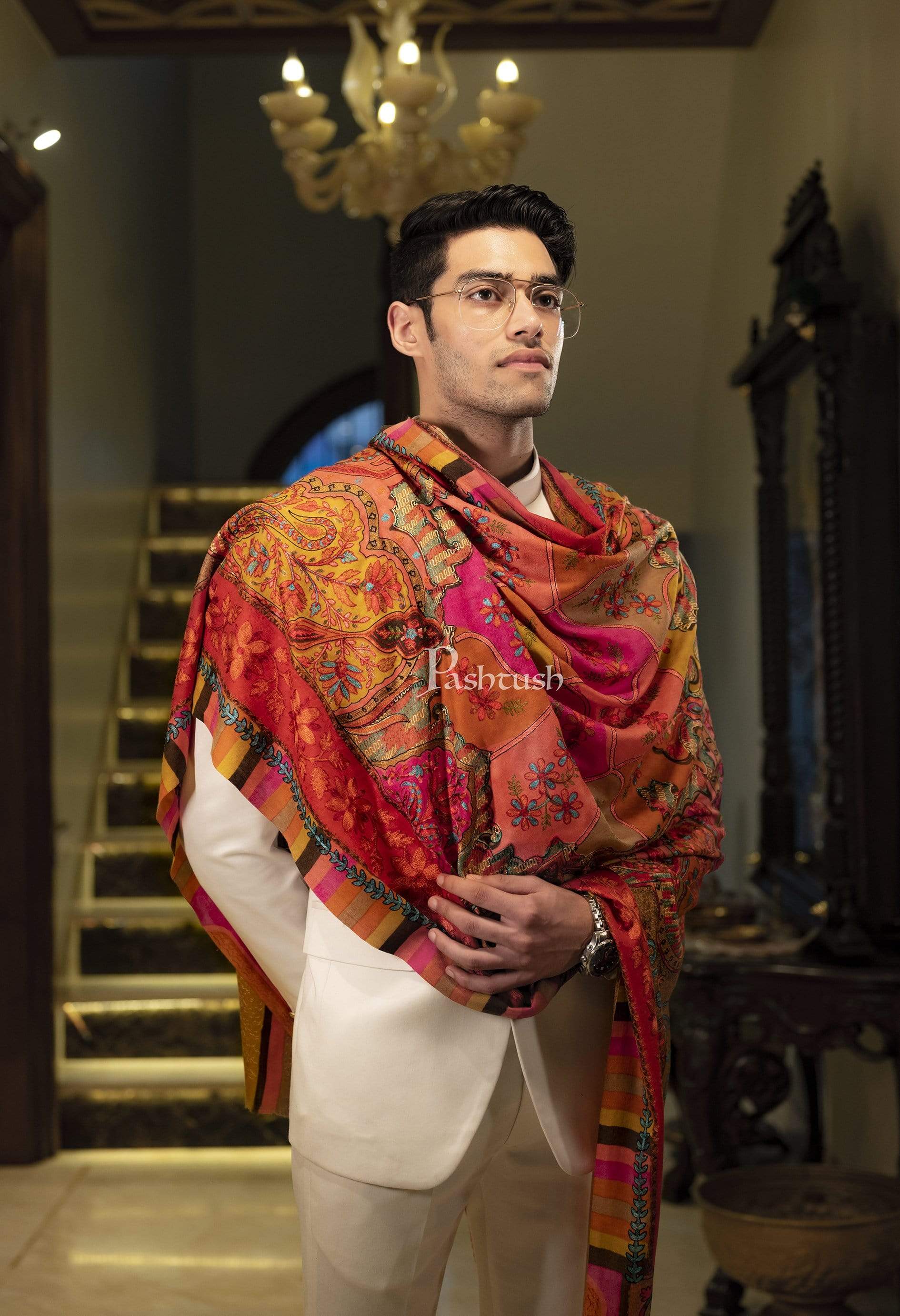 Pashtush Mens Handworked, Painted Kalamkari Embroidery Stole - Image 3