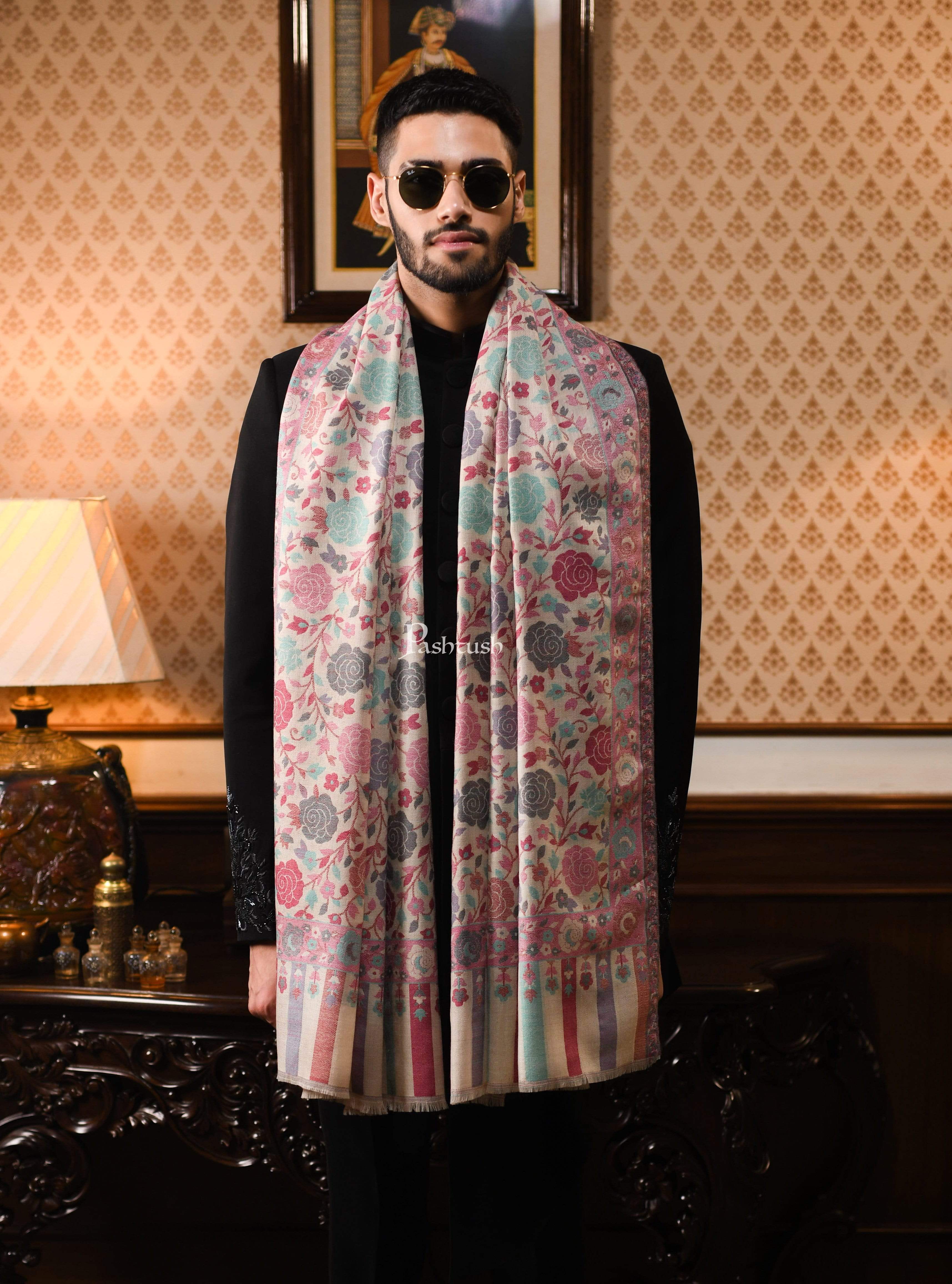 Pashtush Mens Jacquard Ethnic Light Weight Floral Stole , Multi-Coloured