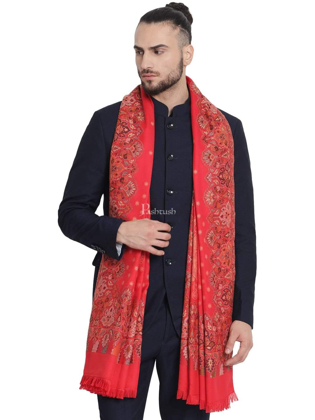 Pashtush Mens Jamawar Stole, Soft Faux Pashmina Red - Image 3
