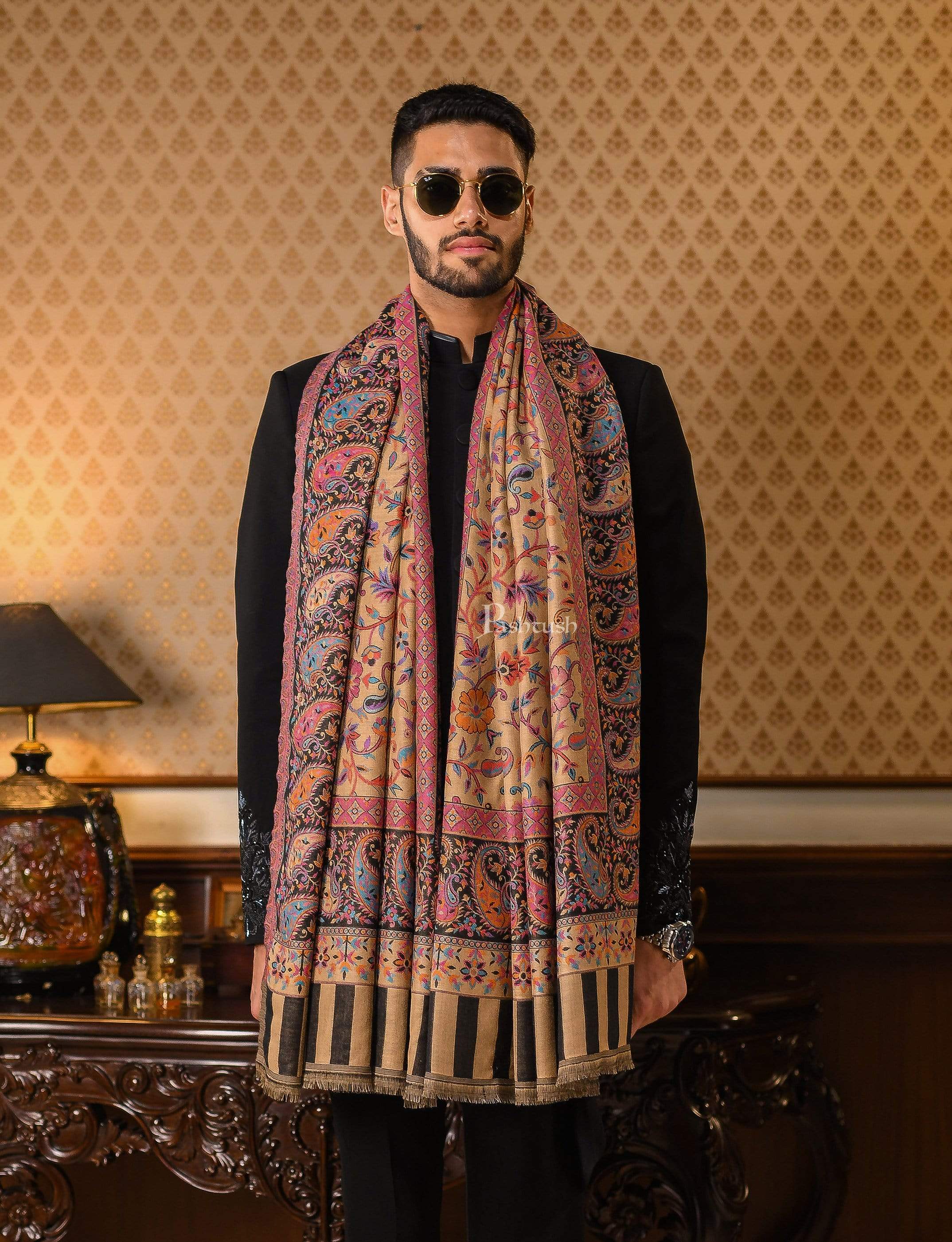 Pashtush Mens Ethnic Stole, Faux Pashmina, Soft And Warm, Beige - Image 3