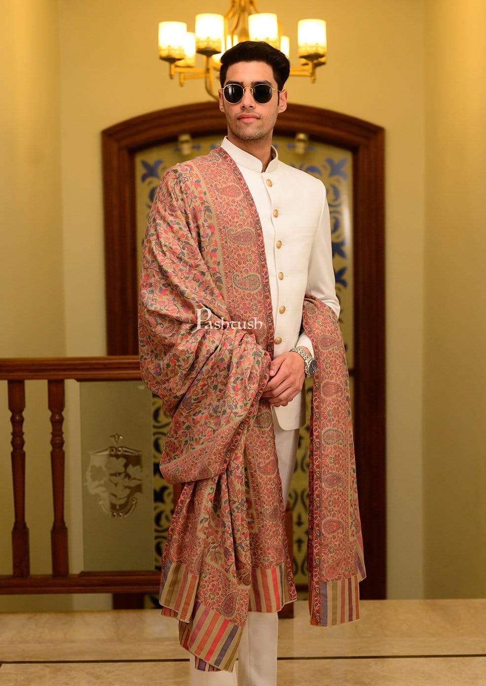 Pashtush Mens Ethnic Shawl, Mens Lohi, Full Size, Fine Wool, Beige