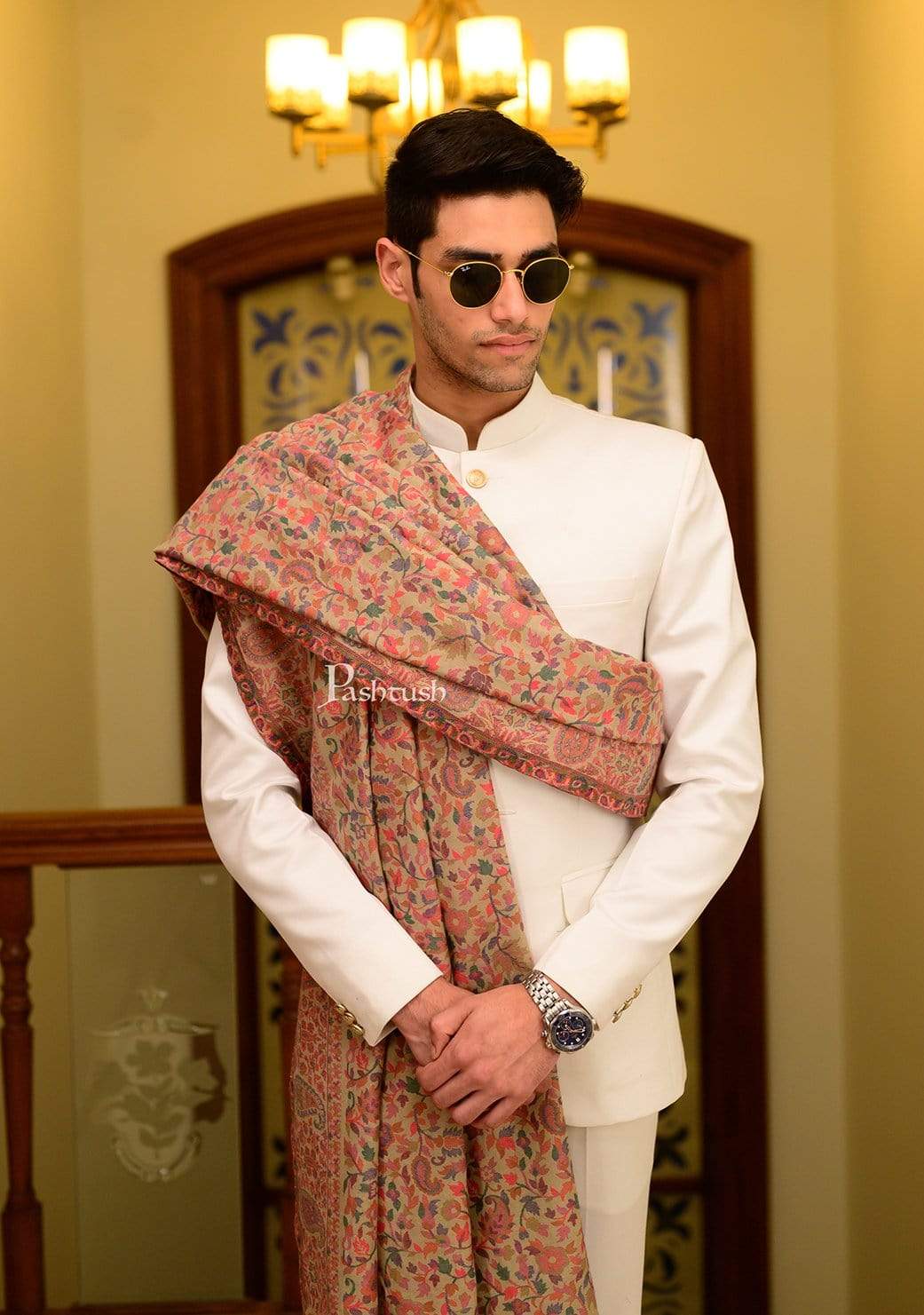 Pashtush Mens Ethnic Shawl, Mens Lohi, Full Size, Fine Wool, Beige - Image 3