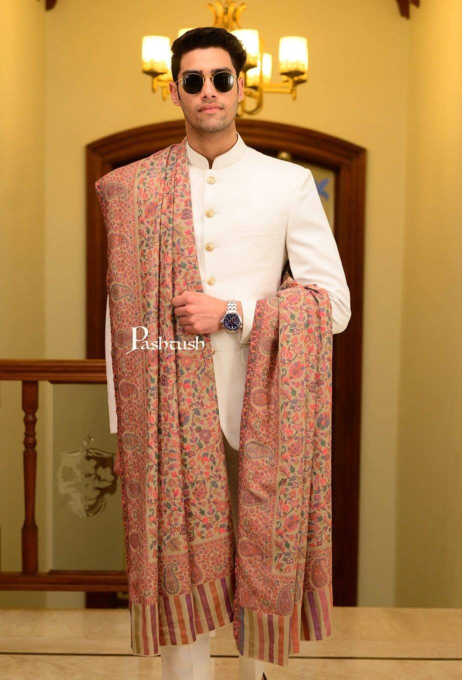 Pashtush Mens Ethnic Shawl, Mens Lohi, Full Size, Fine Wool, Beige - Image 4