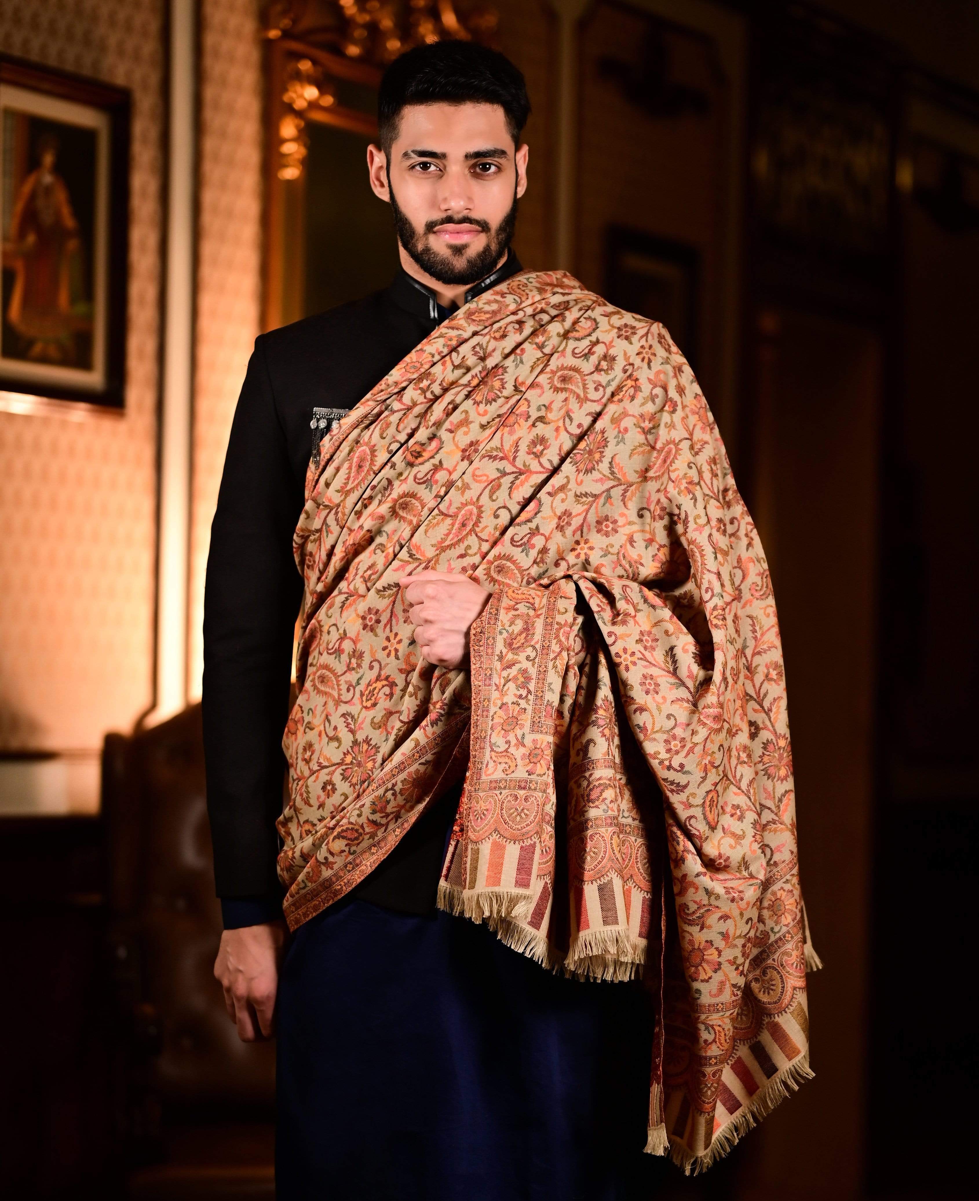 Pashtush Mens Ethnic Shawl, Mens Lohi, Full Size, Fine Wool,  Beige