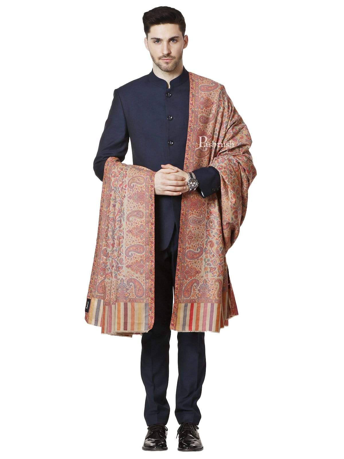 Pashtush Mens Ethnic Shawl, Mens Lohi, Full Size, Fine Wool, Beige - Image 3