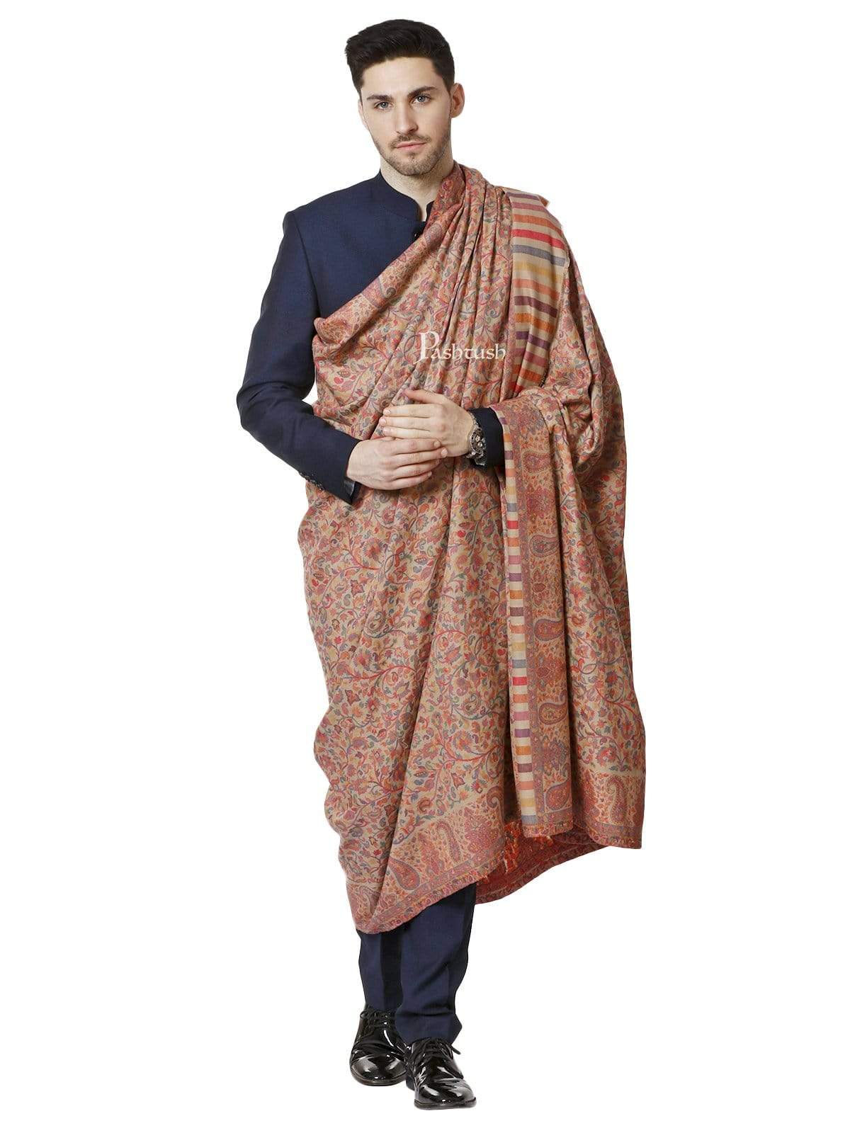 Pashtush Mens Ethnic Shawl, Mens Lohi, Full Size, Fine Wool, Beige - Image 4