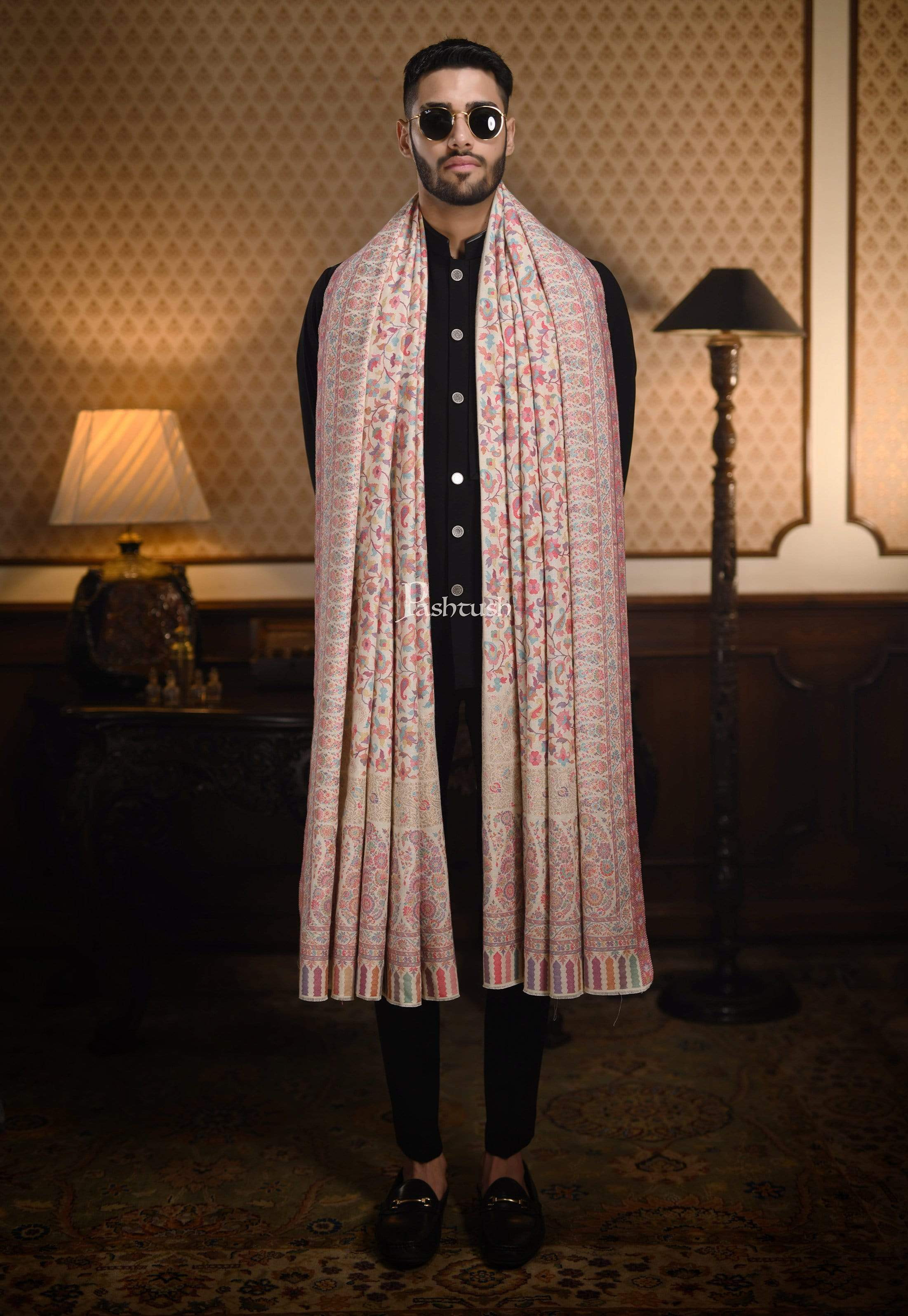 Pashtush Mens Ethnic Shawl, Mens Lohi , Full Size, Fine Wool, With Metallic Weave Border - Image 5