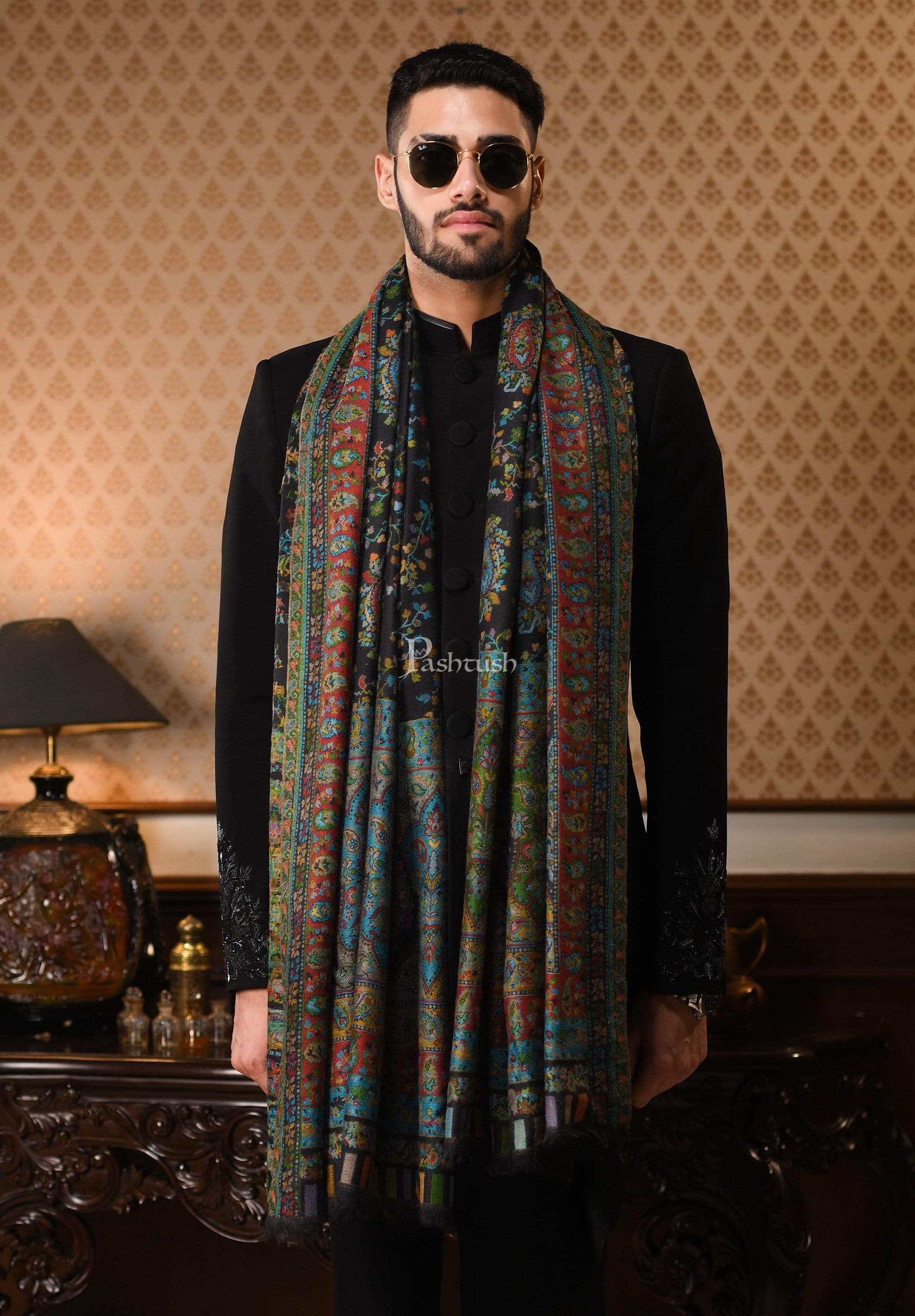 Pashtush Mens Ethnic Stole, Multi-Colored Weave, Pure Wool, Woolmark Certificate
