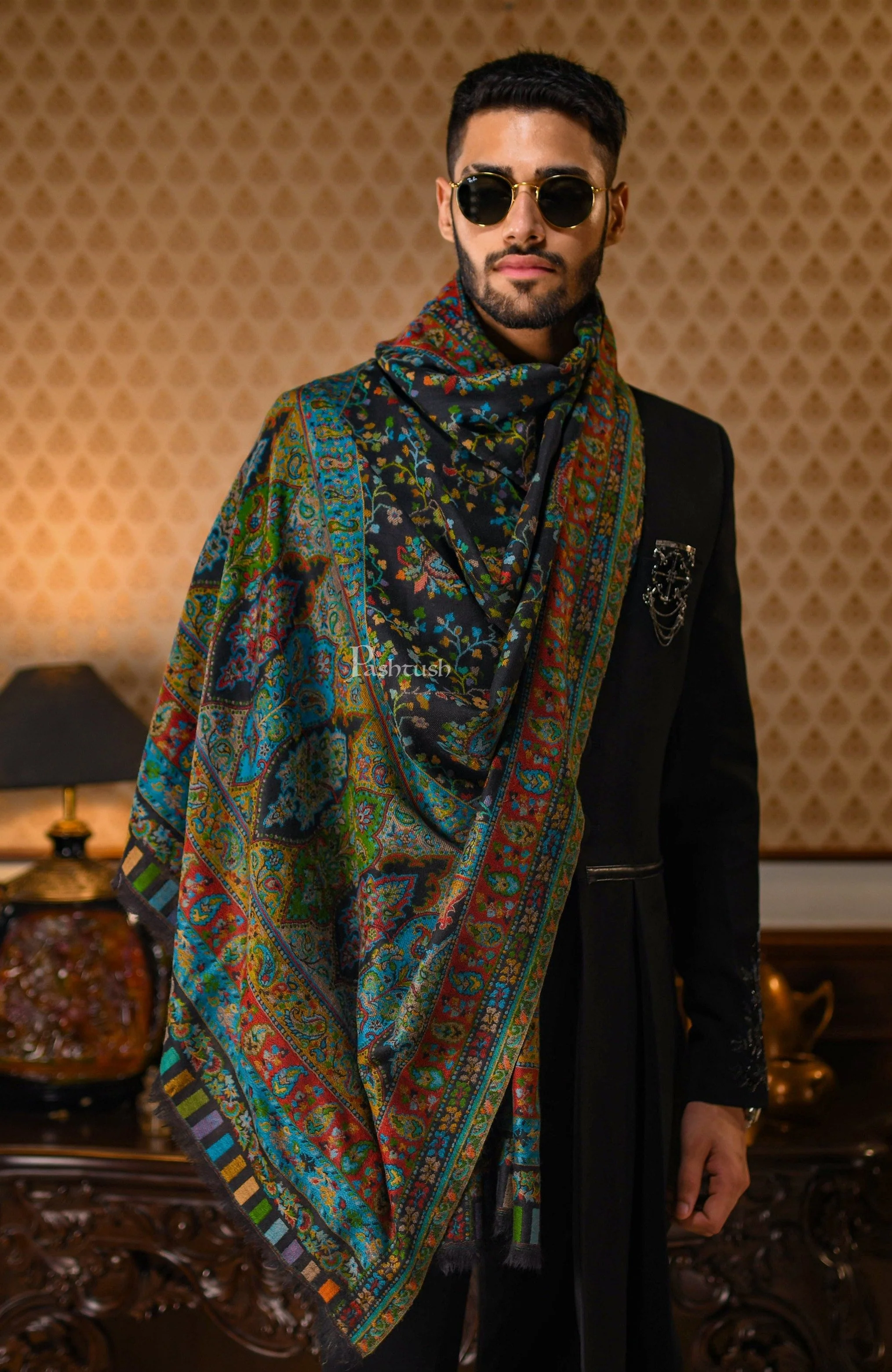 Pashtush Mens Ethnic Stole, Multi-Colored Weave, Pure Wool, Woolmark Certificate - Image 3