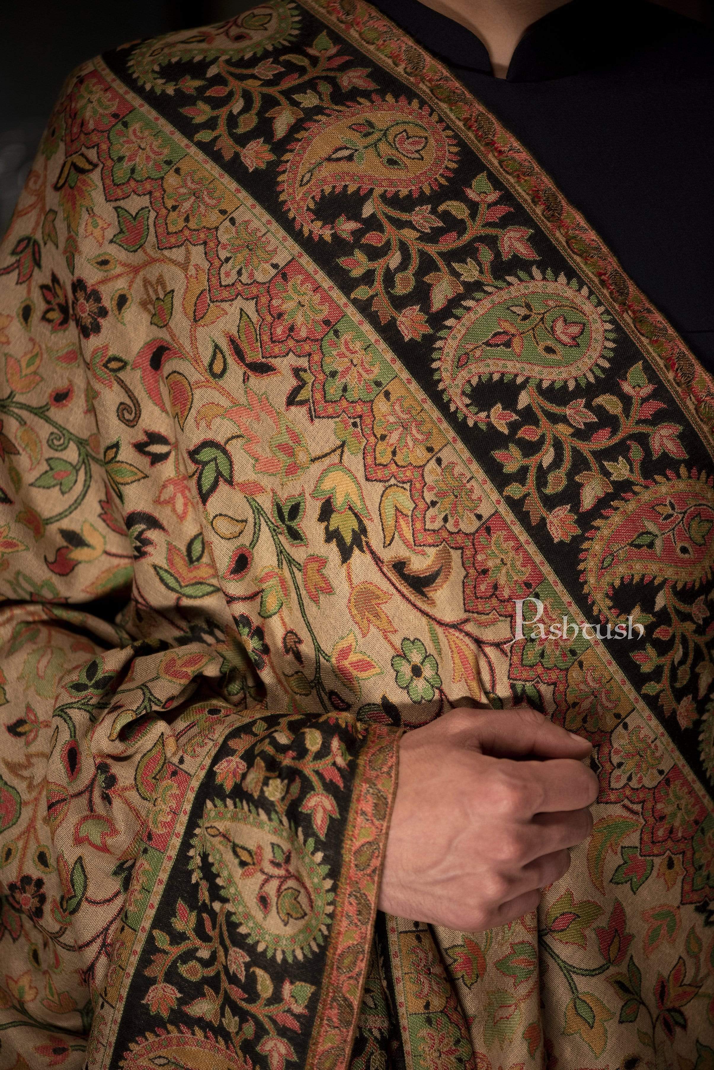 Pashtush Mens Ethnic Stole, Faux Pashmina, Soft And Warm, Beige And Black - Image 2