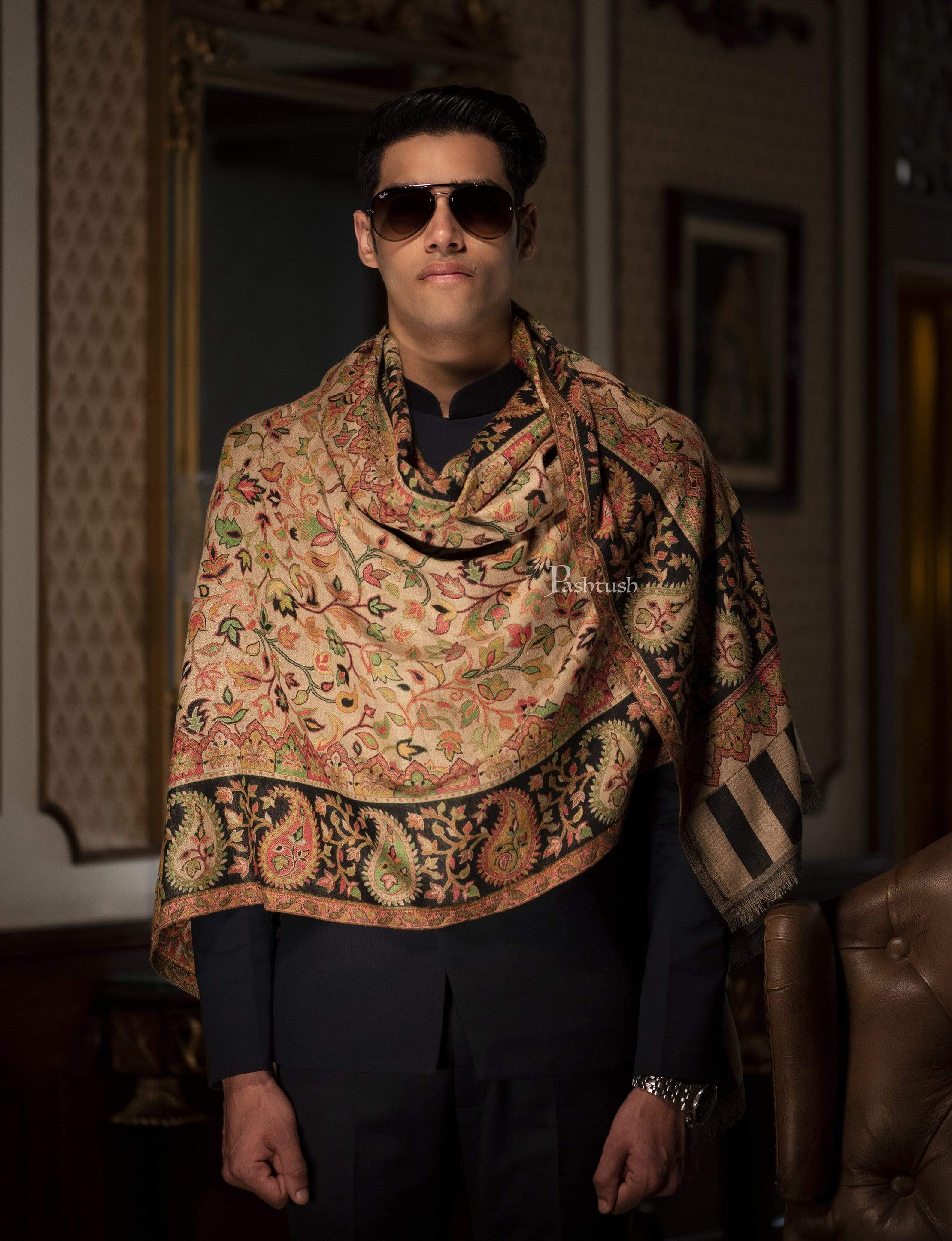 Pashtush Mens Ethnic Stole, Faux Pashmina, Soft And Warm, Beige And Black - Image 3