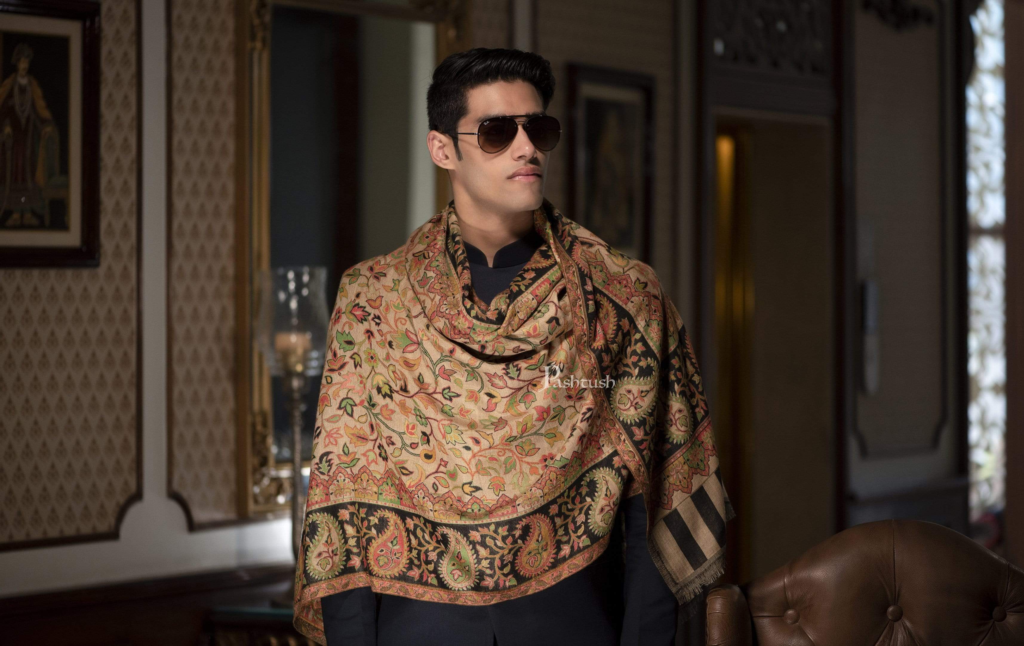 Pashtush Mens Ethnic Stole, Faux Pashmina, Soft And Warm, Beige And Black - Image 8
