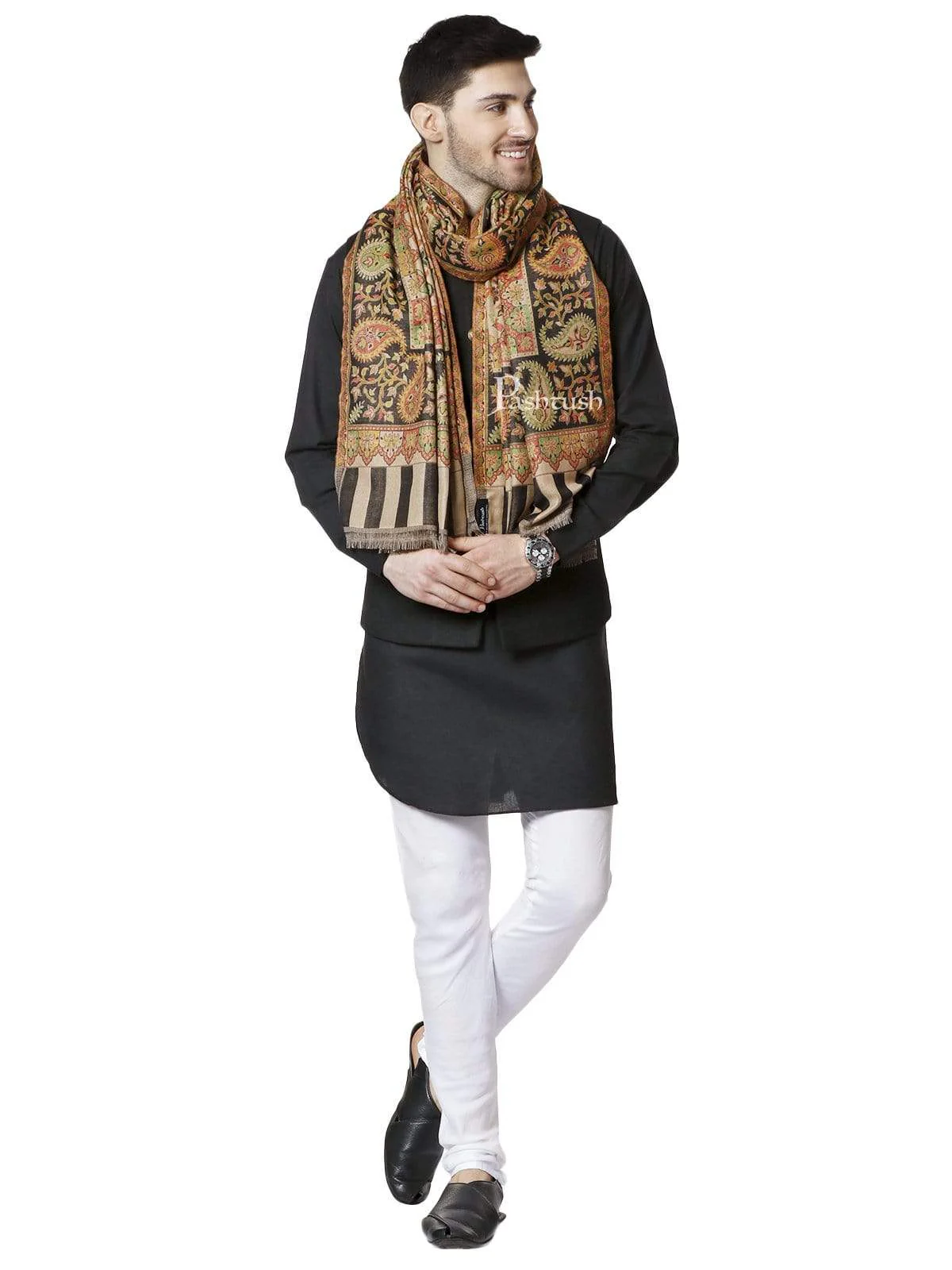 Pashtush Mens Ethnic Stole, Faux Pashmina, Soft And Warm, Beige And Black - Image 4